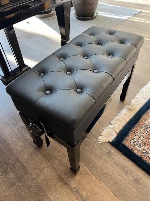 Premium Genuine Leather Adjustable Piano Bench Stool for Artists – Duet Size with Music Storage – Perfect for Home, Studio & Concert Halls – Ebony Finish
