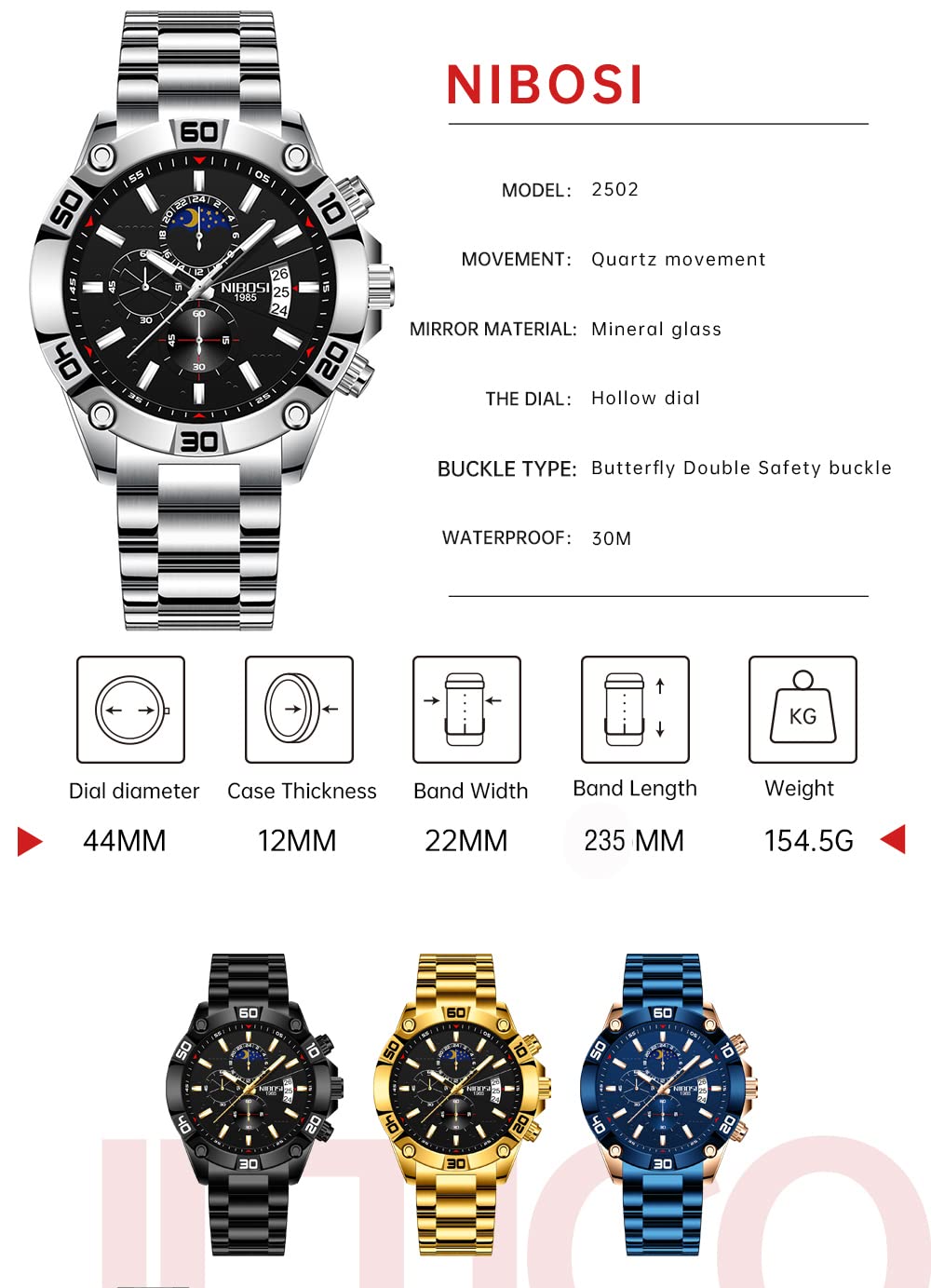 NIBOSI Luxury Men's Watch - Waterproof, Luminous, Stainless Steel - Perfect for Business & Sports