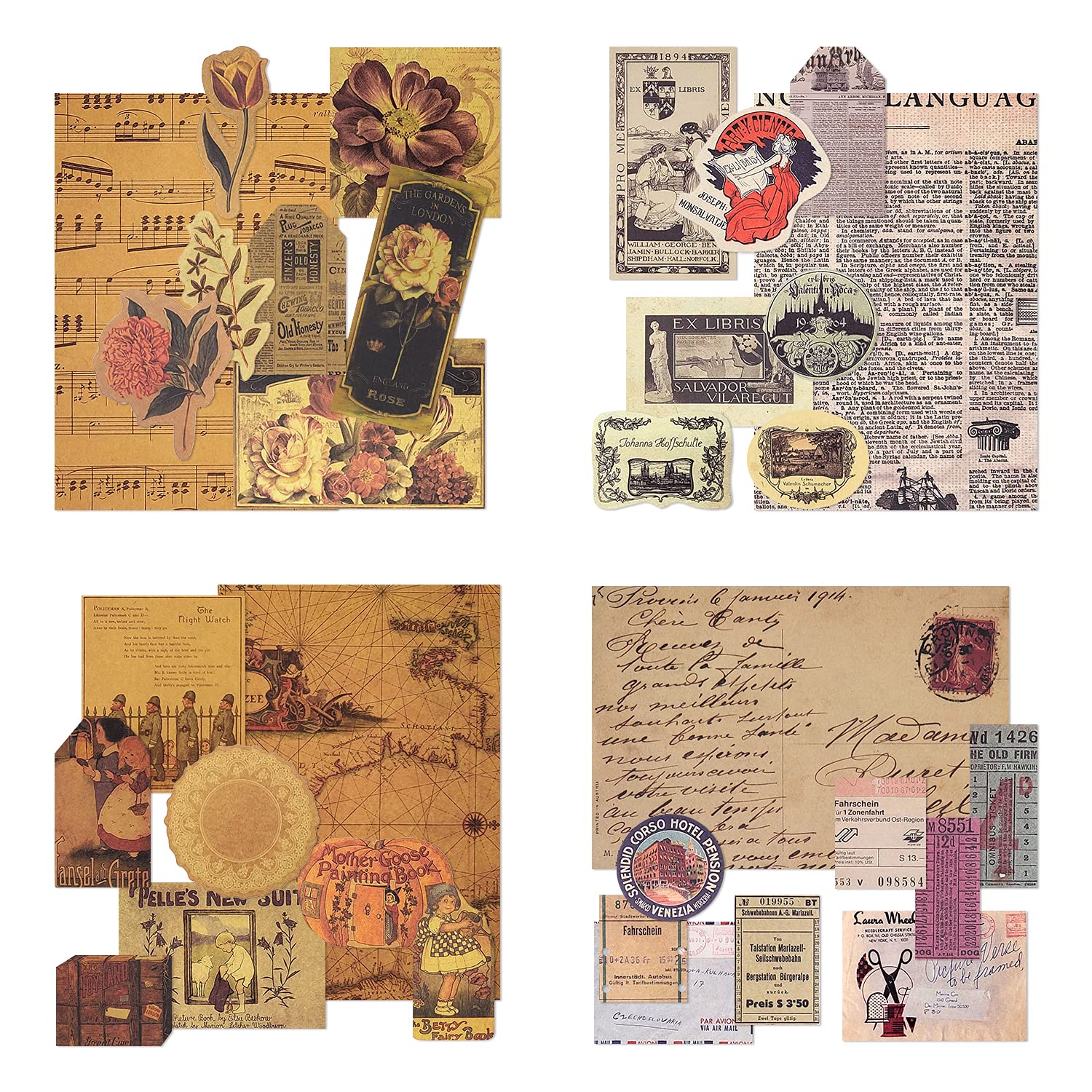 Vintage Pattern Scrapbook Paper Set - 4 Pack Decorative Kraft Paper with Single-Sided Prints, Various Sizes & Shapes for Card Making, Paper Crafts, Die Cutting, Collage - Perfect for DIY Projects, Scrapbooking, Gift Wrapping & Home Decor
