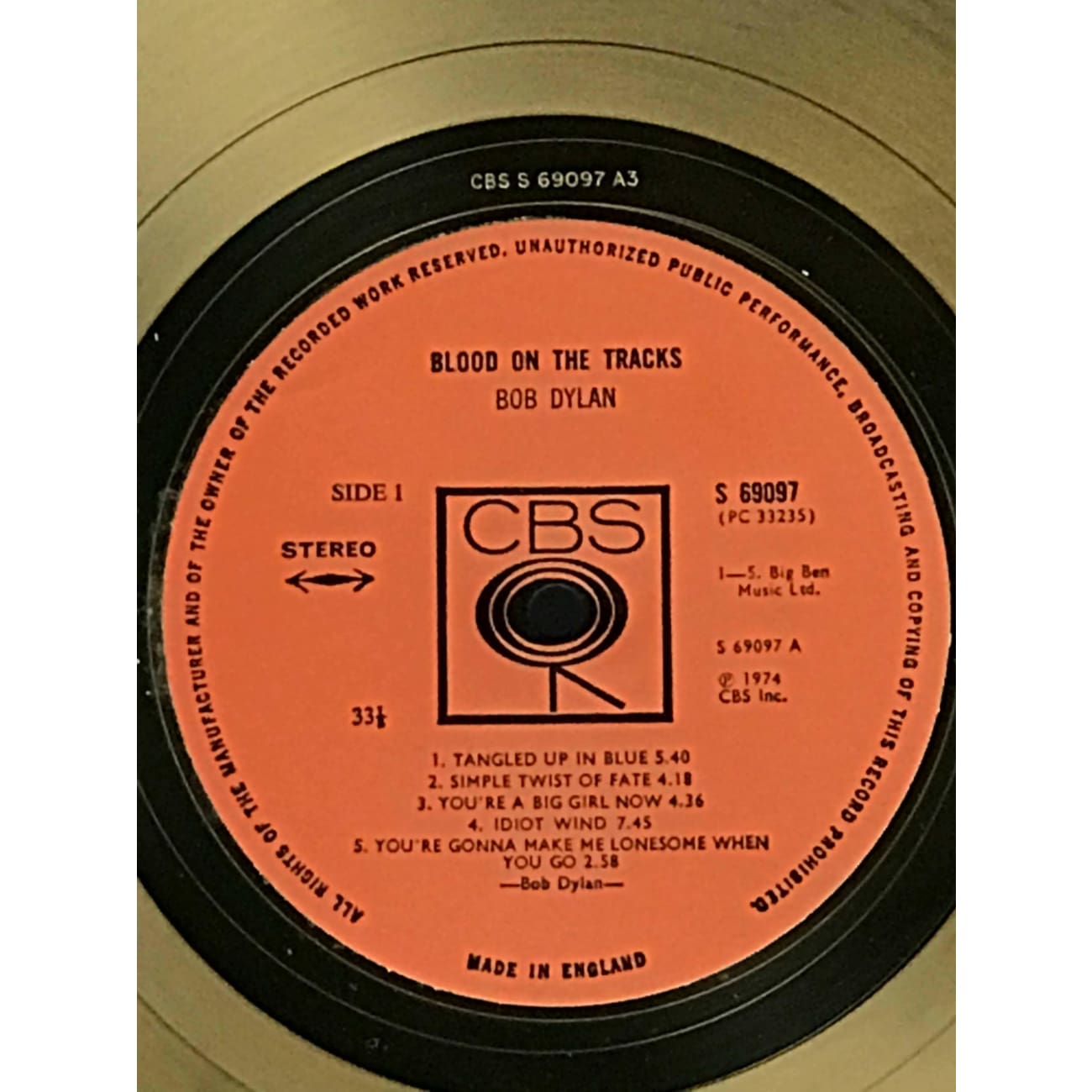 Bob Dylan Blood On The Tracks BPI Gold LP Award - Rare Vinyl Record Collector's Edition for Music Enthusiasts & Home Decor