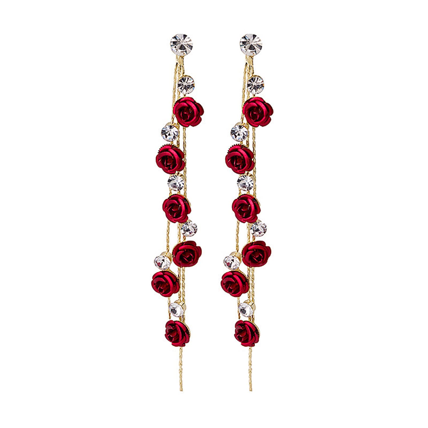 3D Rose Flower Crystal Long Tassel Drop Earrings for Women - CZ Rhinestone Rose Fashion Jewelry in Purple & Red - Elegant Dangle Earrings for Weddings, Parties, Date Nights & Special Occasions