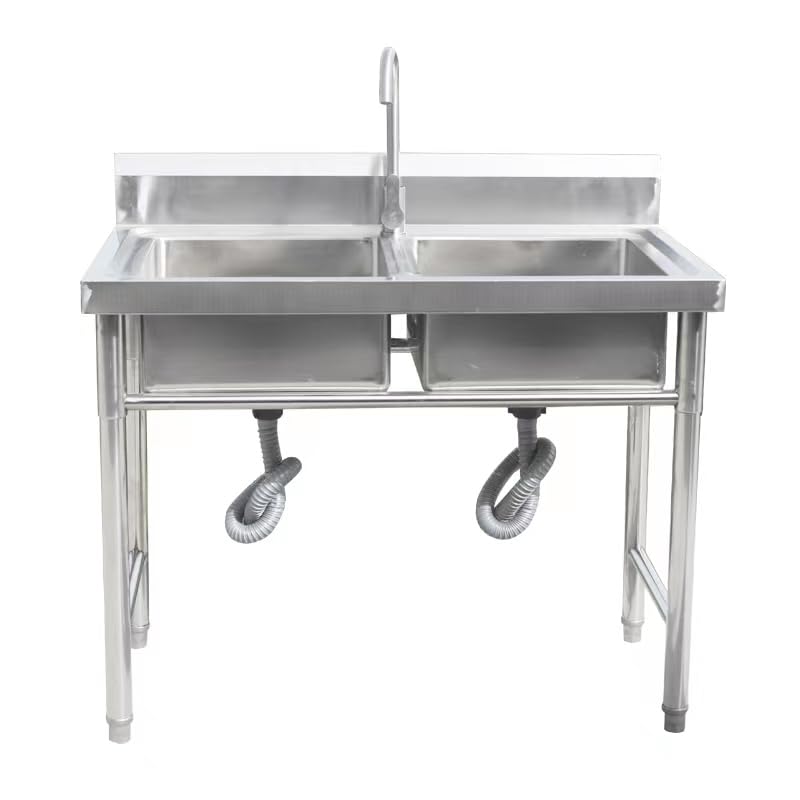 Premium 304 Stainless Steel Double Bowl Kitchen Sink - Commercial Grade Freestanding Utility Sink with 2 Compartments for Restaurants, Hotels & Outdoor Use | Durable & Easy to Clean for Heavy-Duty Food Prep & Dishwashing