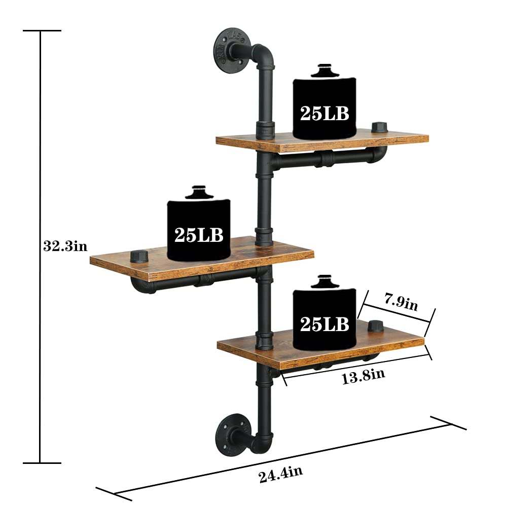 Industrial Pipe Shelving with Wood Planks - Rustic Floating Wall Mounted Shelves for Bar, Kitchen & Living Room | Perfect for Home Decor, Storage & Display