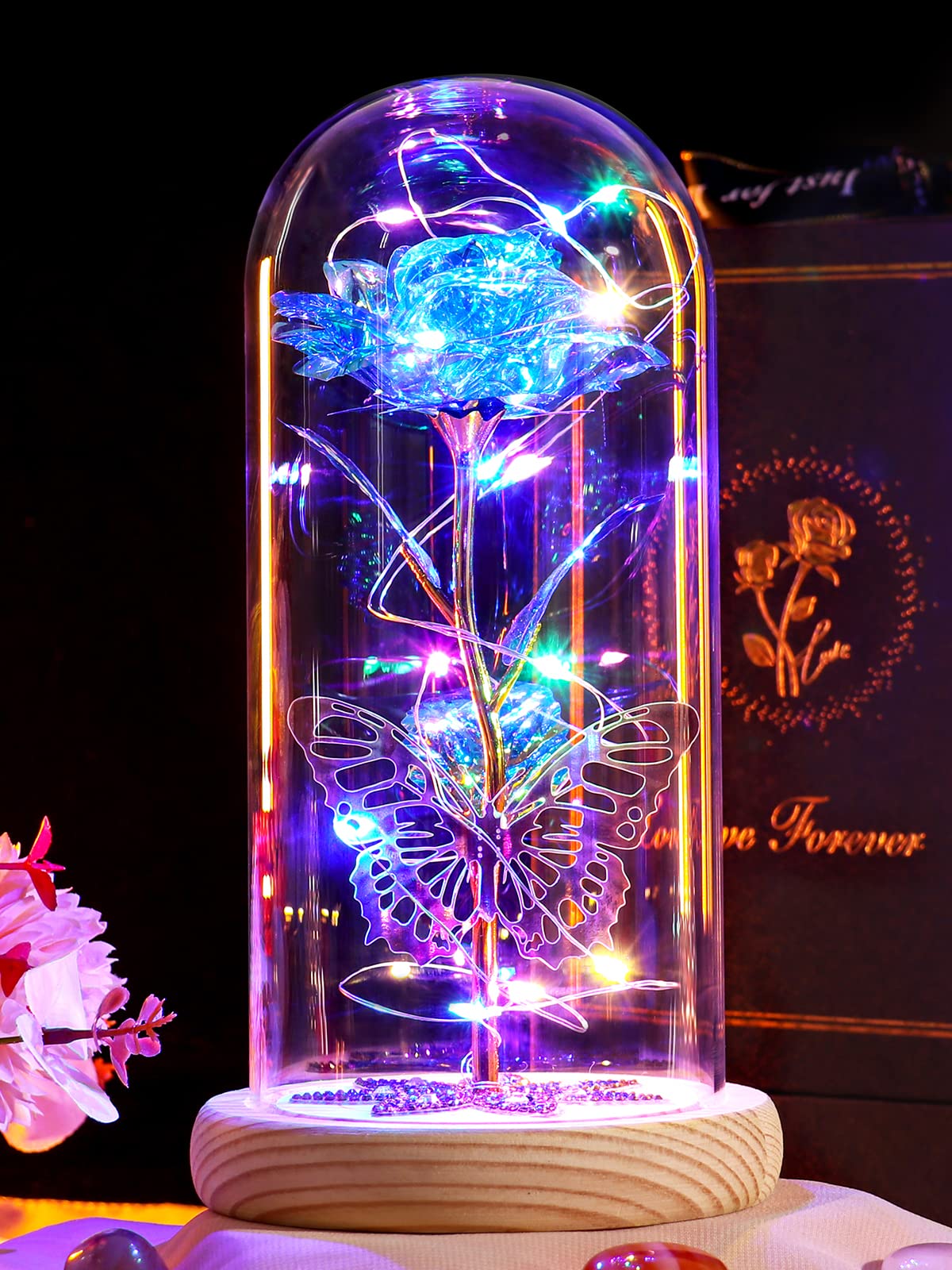 Beferr Preserved Rose in Glass Dome - Eternal Artificial Flower Gift for Women, Mom, Wife, Daughter, Grandma - Birthday, Mother's Day, Anniversary Present - Blue Galaxy Rose - Perfect for Home Decor, Office Desk, Romantic Surprise & Special Occasions