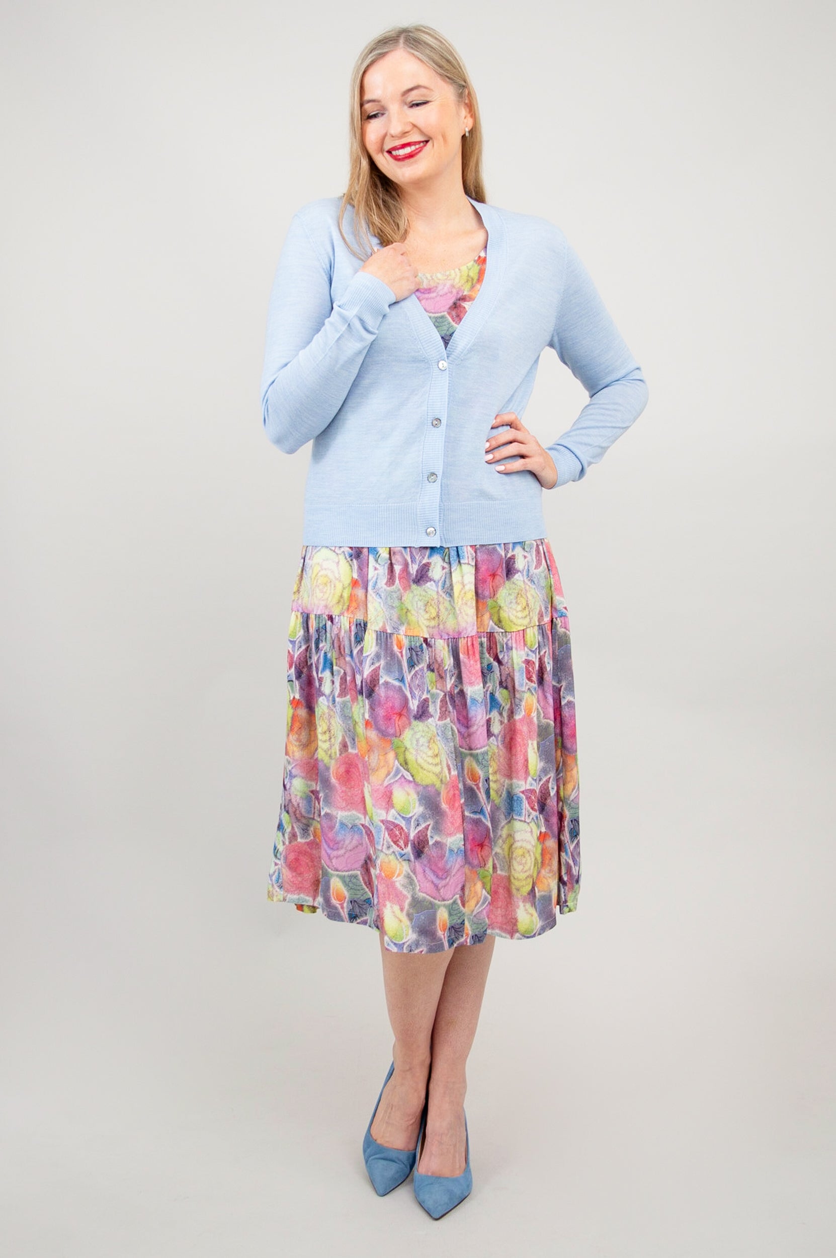 Camila Cardigan - Cerulean Blue Merino Wool Sweater for Women | Cozy Winter Wear & Office Outfit