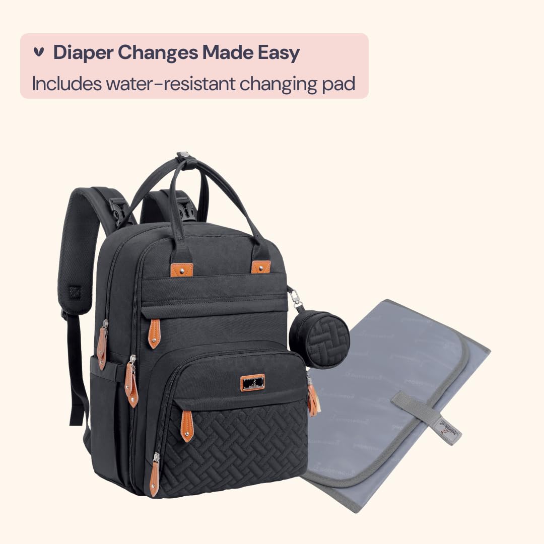 BabbleRoo Waterproof Diaper Backpack - Multifunctional Baby Travel Bag with Changing Pad, Stroller Straps & Pacifier Case - Unisex Black Diaper Bag for Parents - Perfect for Daycare, Travel & On-the-Go Parenting