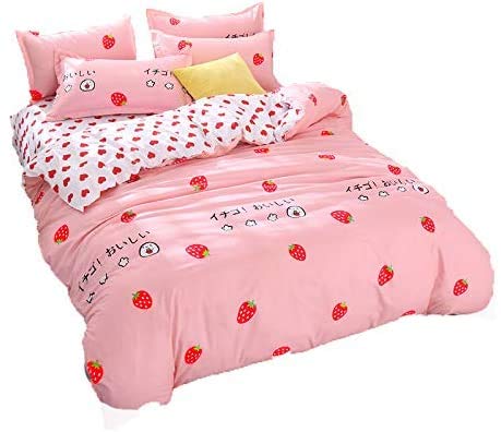 LemonTree Strawberry Print Bedding Set - 1 Duvet Cover + 2 Pillowcases - Soft & Breathable Cotton - Perfect for Kids Room, Nursery, or Guest Bedroom Decor