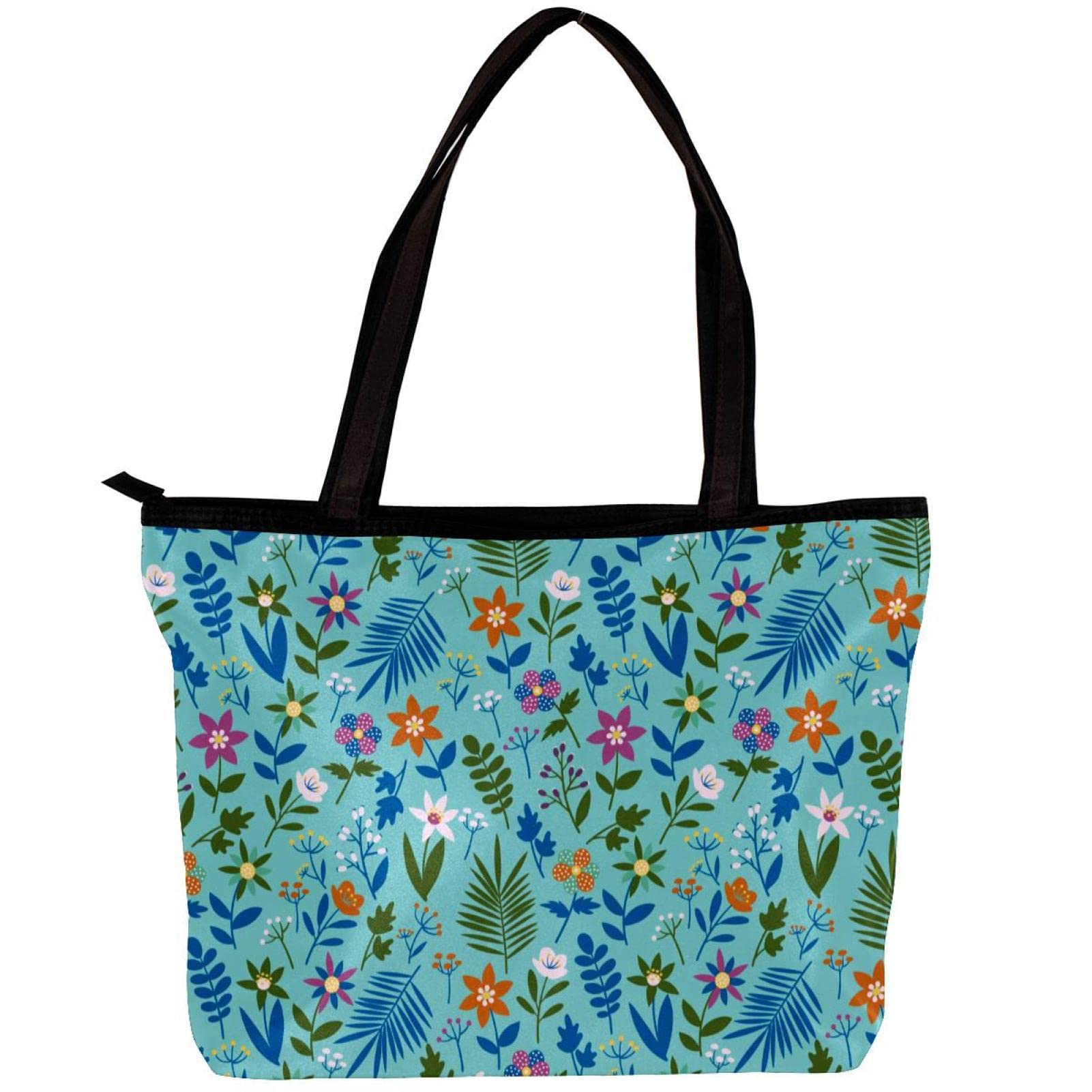 Stylish Women's Cute Fox Print Blue Floral Tote Shoulder Bag with Inner Pouch - Perfect for Work, Shopping & Travel Accessories