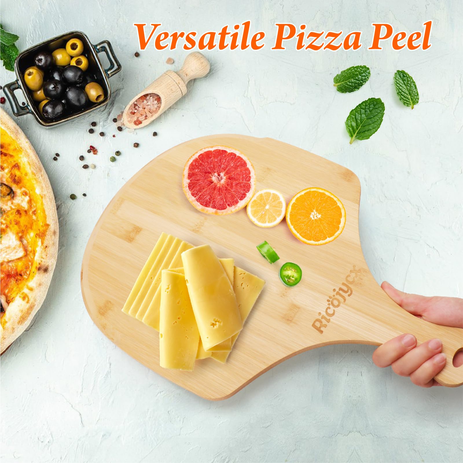 2 Pack Natural Bamboo Pizza Peel 12 Inch - Wooden Pizza Paddle & Cutting Board with Handle for Baking, Cooking & Serving - Perfect for Pizza, Bread, Cheese, Vegetables & Fruits - Ideal for Home Kitchens, Restaurants & Outdoor BBQs