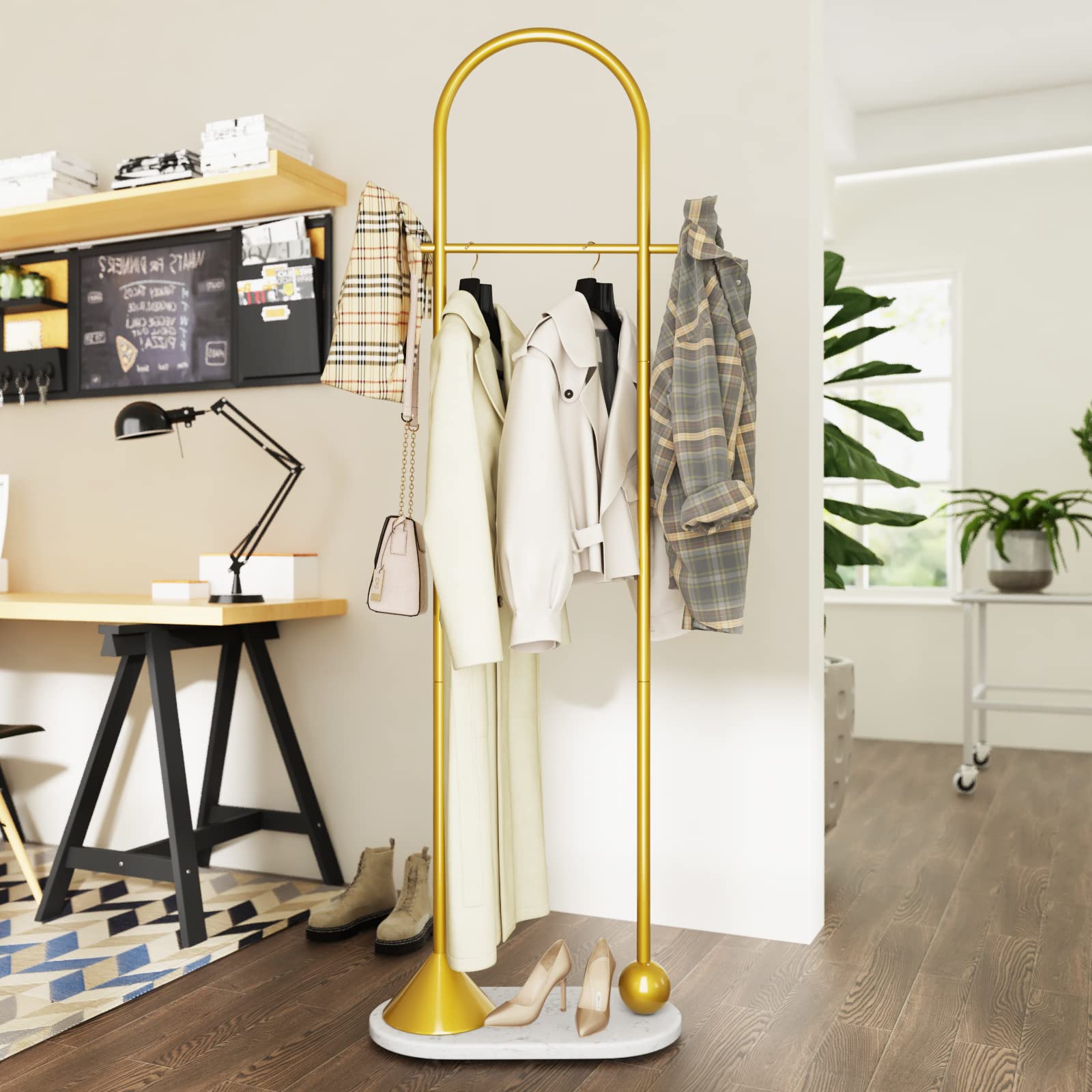 TIEOU Freestanding Metal Gold Coat Rack - Modern Entryway Stand for Hats, Jackets & Clothing | Perfect for Small Spaces, Apartments & Home Organization