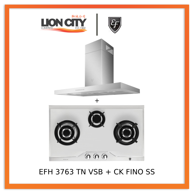 EF 90cm Stainless Steel Chimney Hood CK Fino SS with EFH 3763 TN VSB 78cm Built-in Gas Hob - Modern Kitchen Ventilation & Cooking Solution for Home Chefs