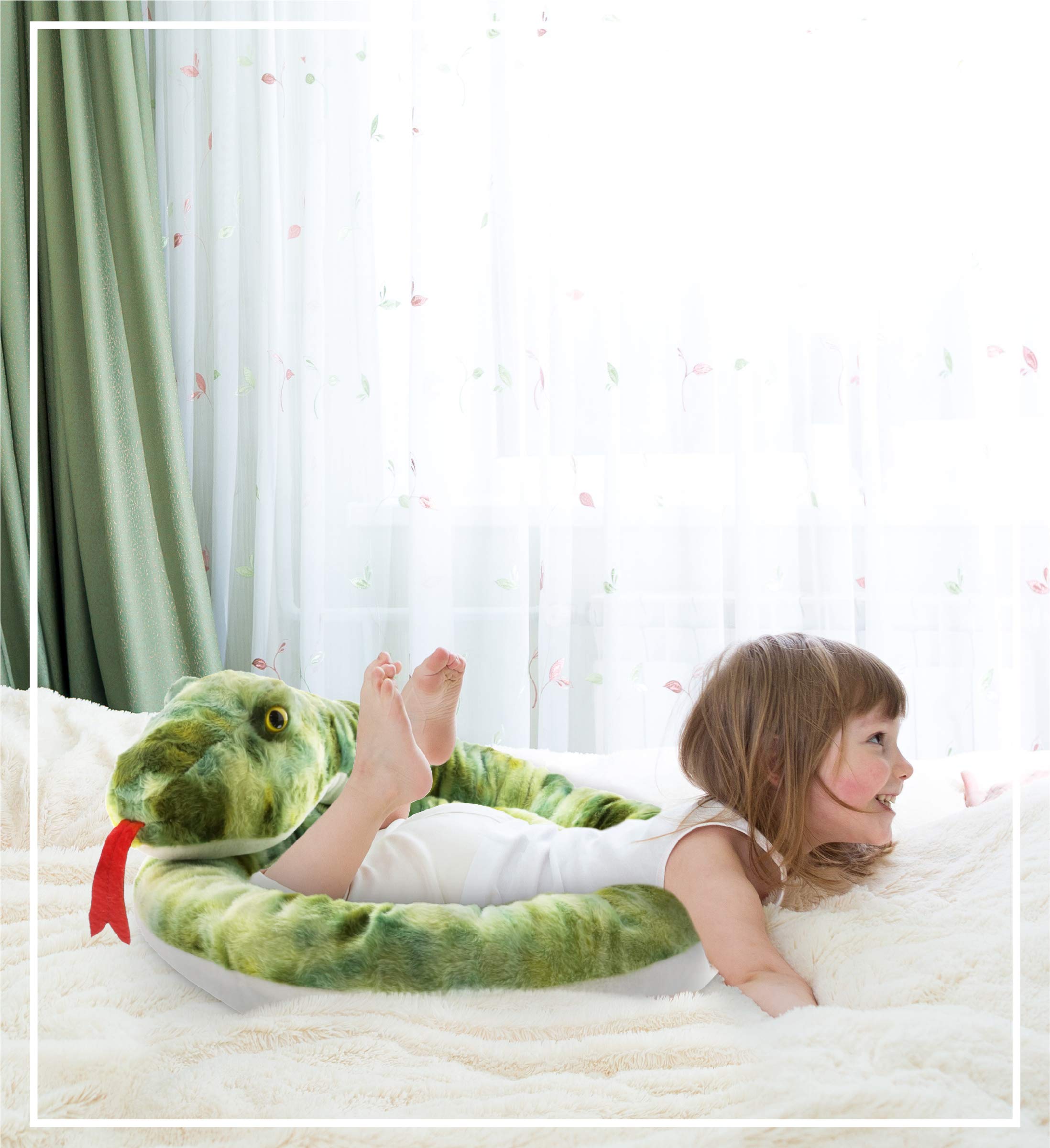 DolliBu Green Snake Giant Stuffed Animal 112 Inches Long - Super Soft Oversized Plush Toy Pillow for Kids & Adults | Cuddly Jumbo Plushie for Bedroom Decor, Nursery, Gifts & Snuggling