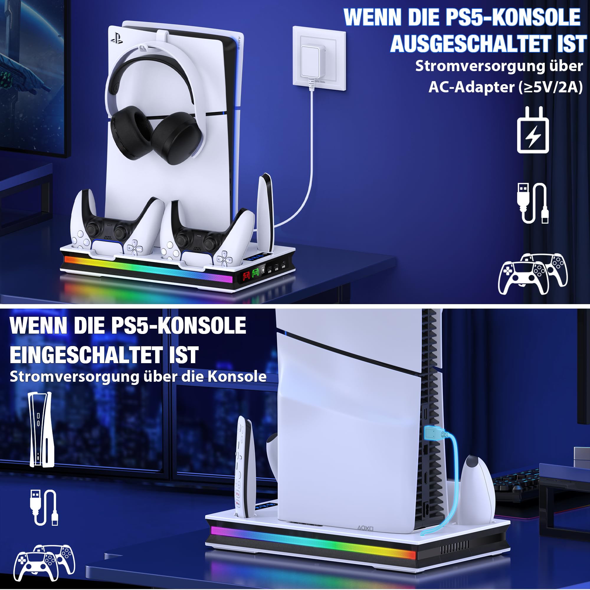 PS5 Stand with LED Light for PS5 Slim - 3-Speed Cooling Fan, Dual Controller Charger, Headset Hook & 4 USB-C Ports - Gaming Accessories for PS5 Slim Disc & Digital Edition - Perfect for Gaming Setups & Entertainment Centers