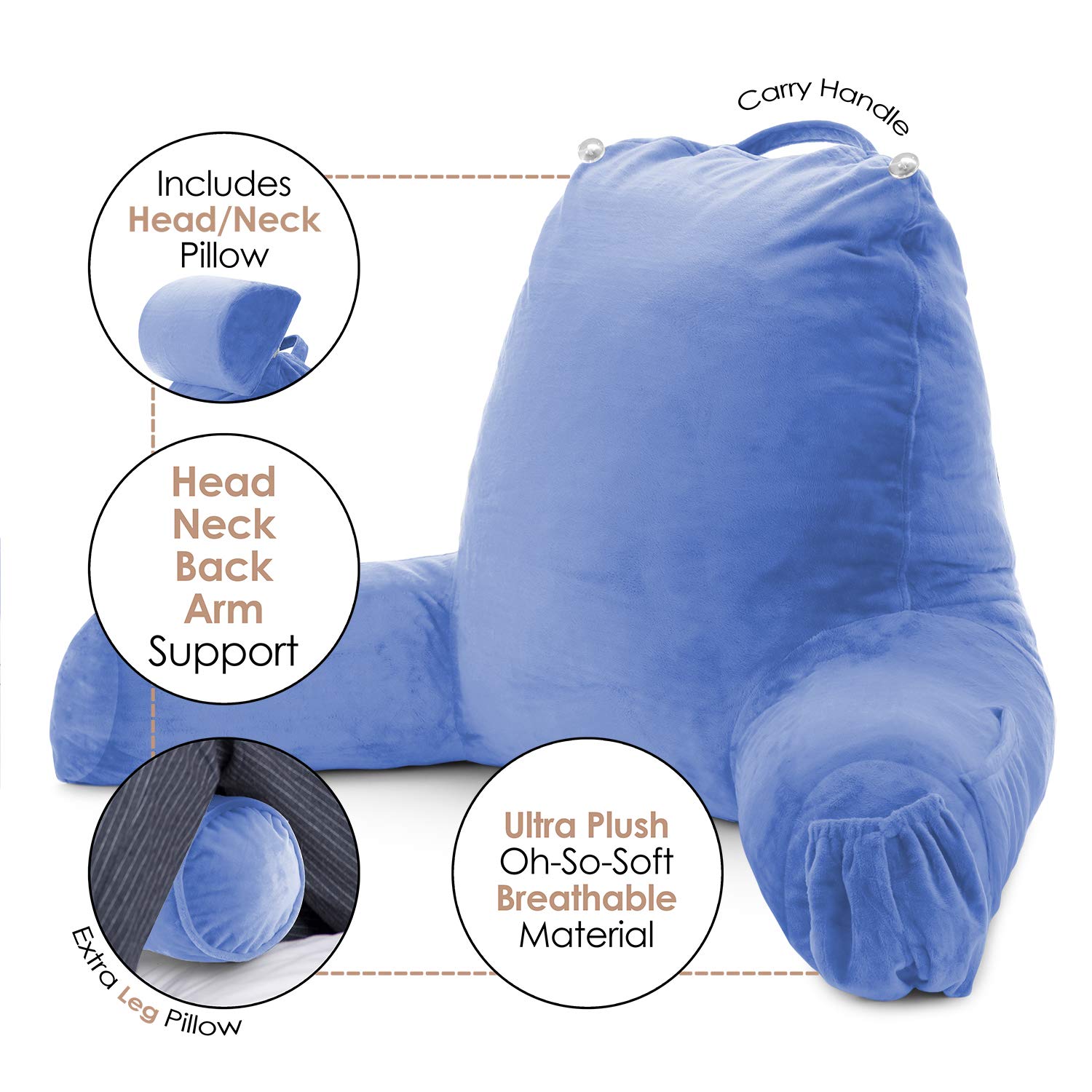 **Nestl Large Reading Pillow for Bed - Shredded Memory Foam Back Support Pillow with Pockets, Comfortable Chair Pillow for Sitting in Bed, Reading & Relaxing - Calm Blue (Perfect for Reading, Watching TV, or Lounging in Bed)**