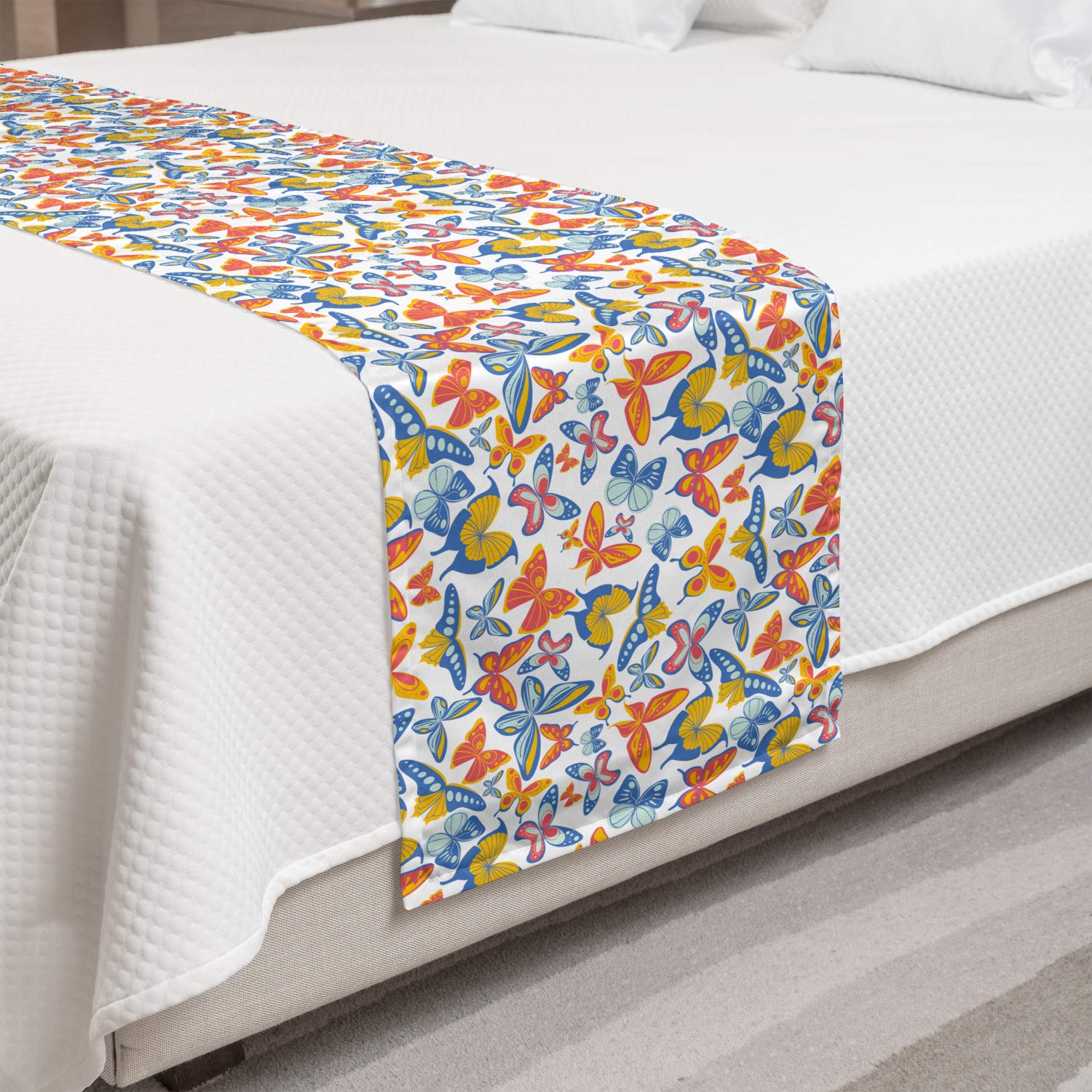 Ambesonne Butterfly Bed Runner - Decorative Spring Insects Design on Plain Backdrop, Queen Size Bed Scarf in Coral Yellow & Blue | Perfect for Hotels, Homes & Guestrooms - Adds Elegance to Bedroom Decor