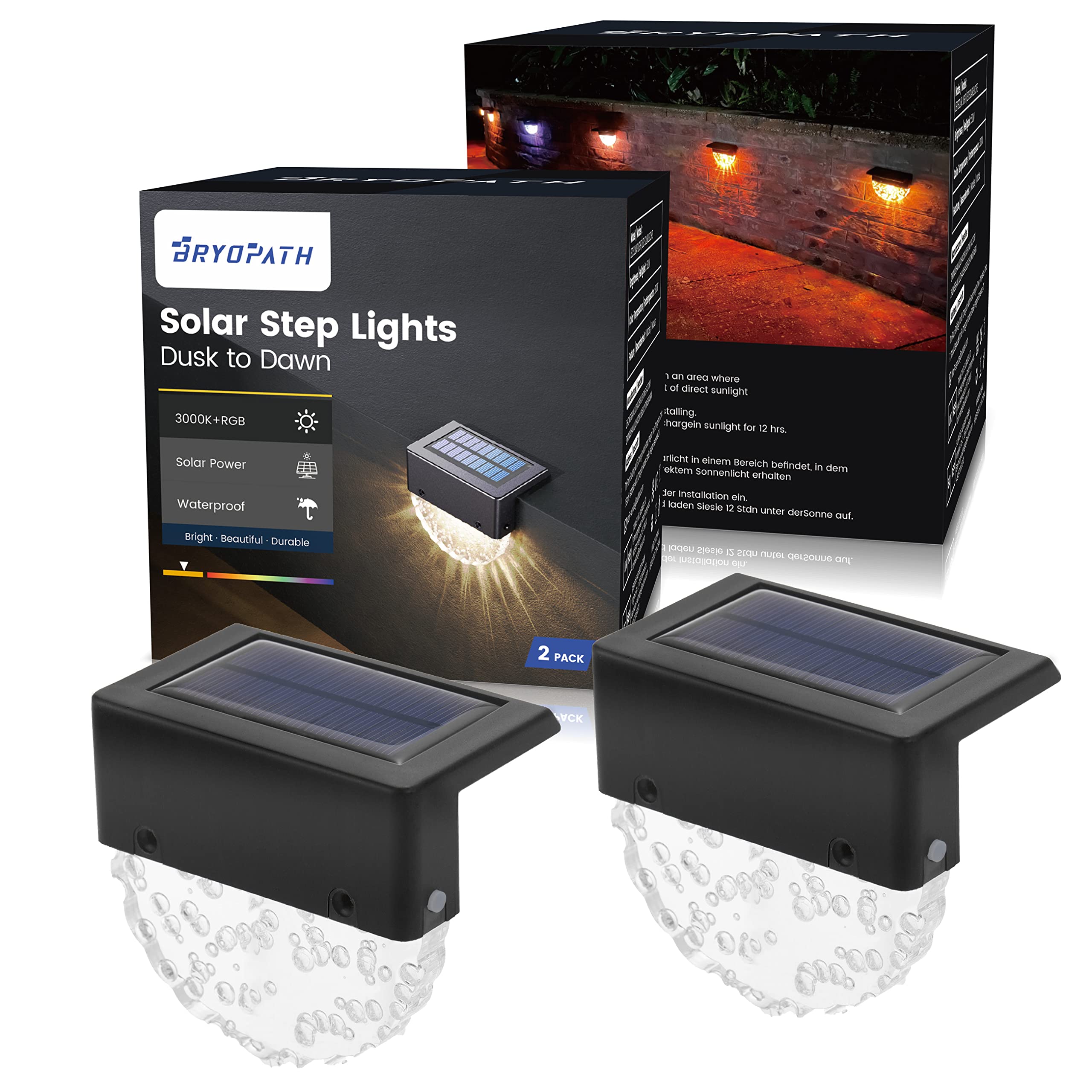**Bryopath Solar Step Lights - 2 Pack Waterproof Outdoor LED Solar Deck Lights for Stairs, Patio, Fence, Yard & Garden Decor (Warm White/Color Changing) - Perfect for Nighttime Safety & Ambiance**