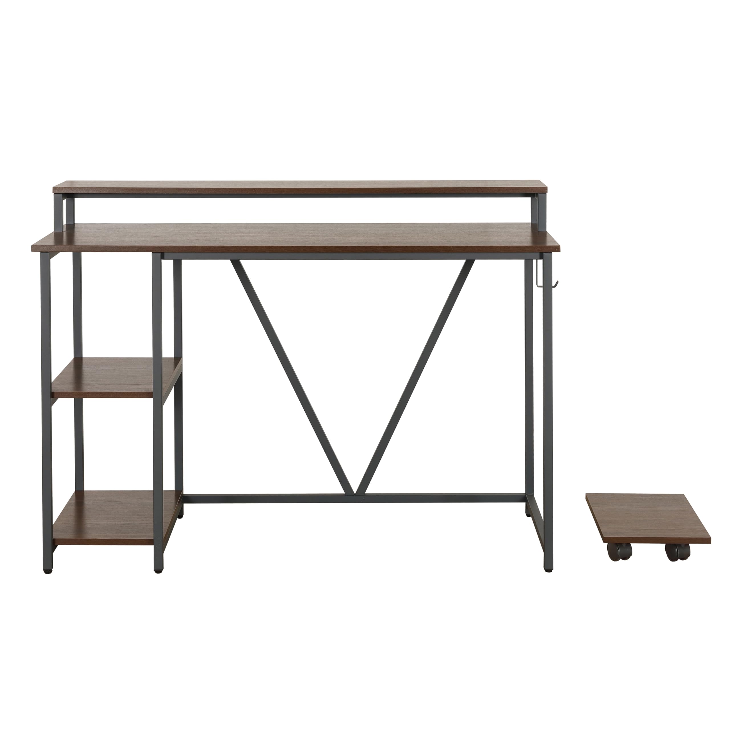 Techni Mobili Industrial Walnut Computer Desk with Storage Shelves, Monitor Stand, CPU Caddy & 2-Tier Bookshelf - Perfect Home Office Laptop Table for Small Spaces & Modern Workstations