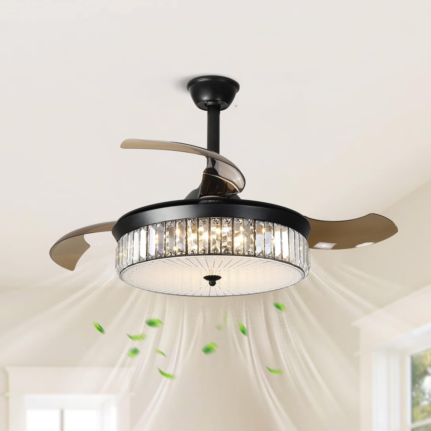 Depuley 36 Inch Crystal Ceiling Fan with Light, Reversible Retractable Blade 6-Speed LED Ceiling Fan with Remote Control - Perfect for Bedroom, Living Room, and Home Office