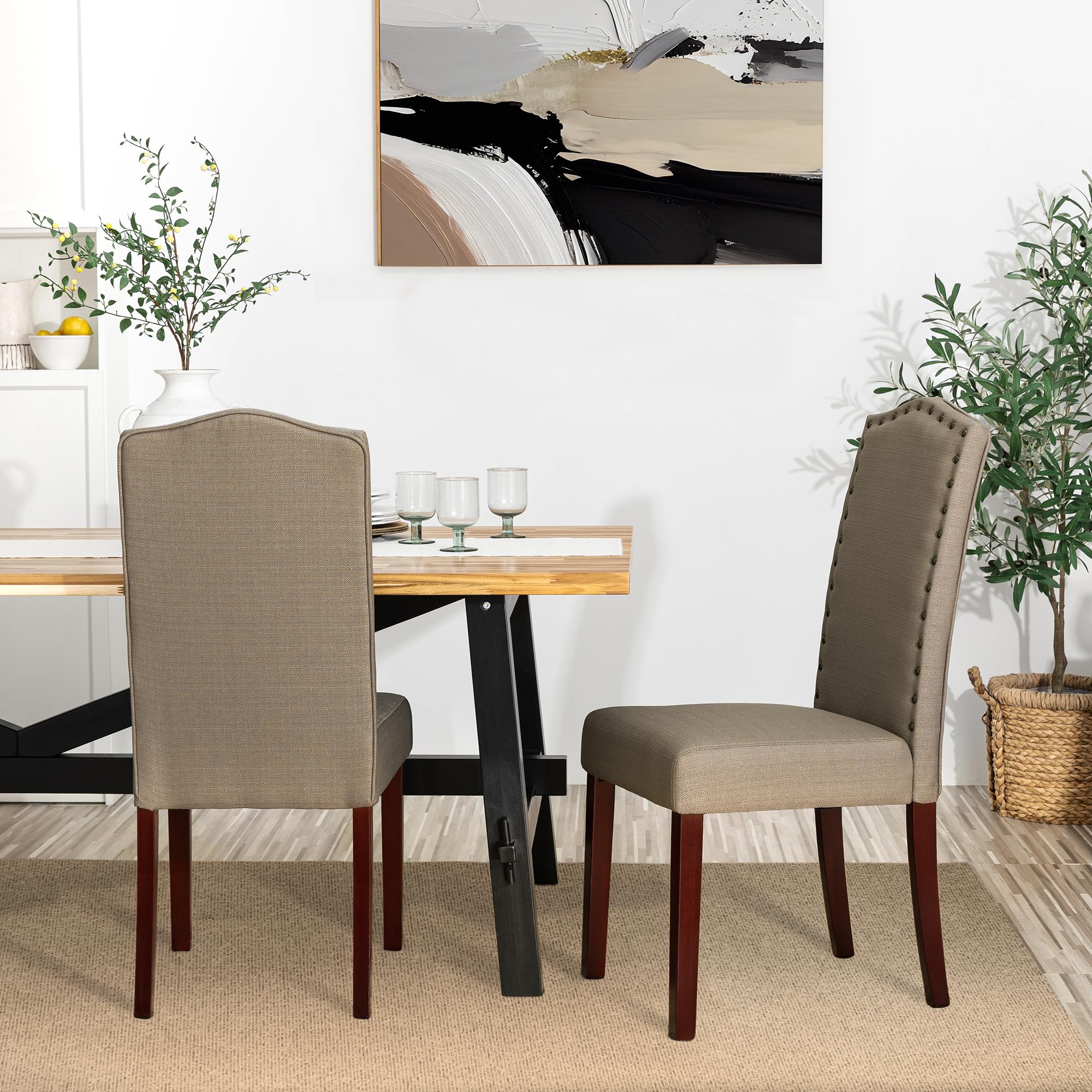Glitzhome Set of 2 Upholstered Dining Chairs - Modern Padded Fabric Kitchen Side Chairs, Armless Brown - Perfect for Dining Room, Breakfast Nook & Small Space Decor