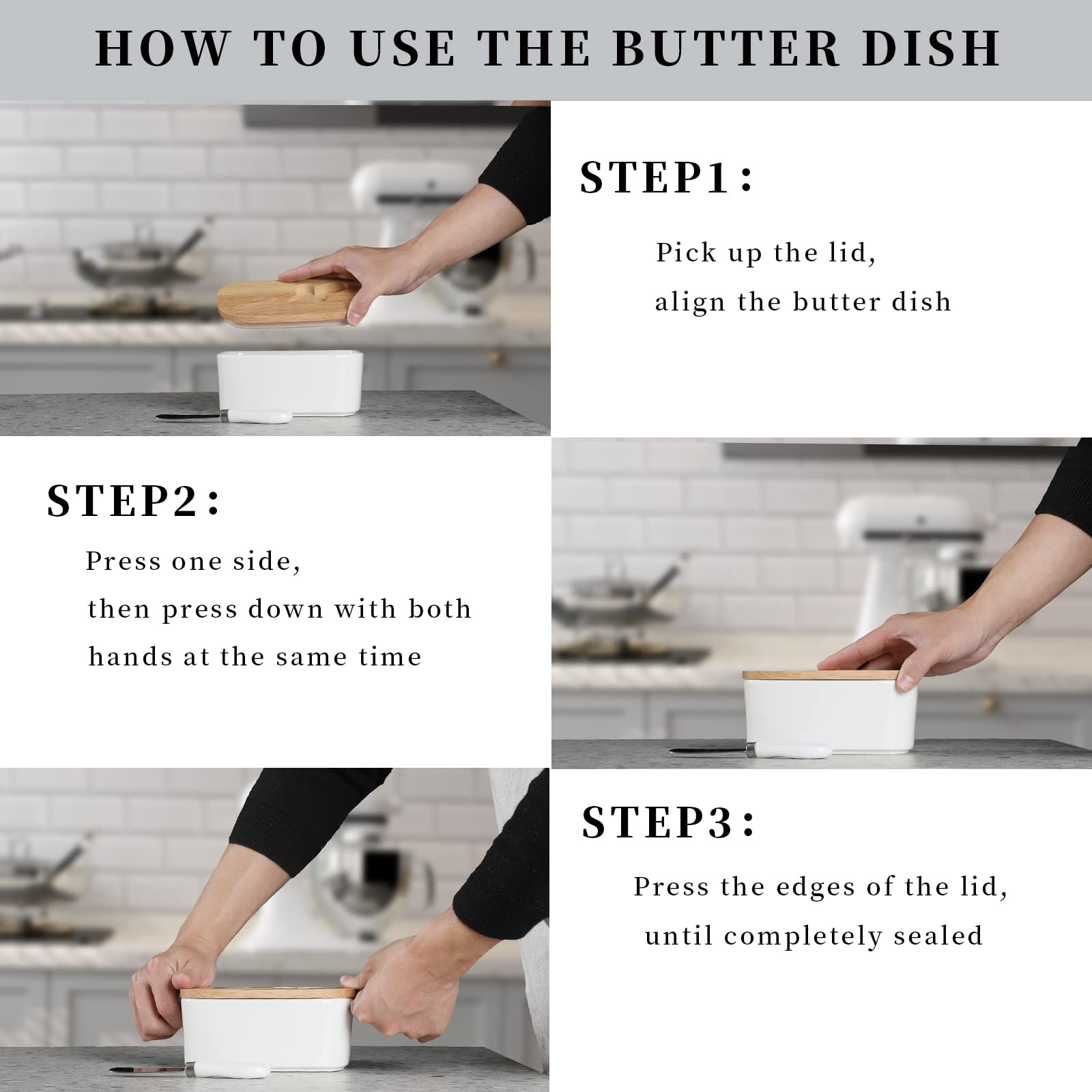 Large Ceramic Butter Dish with Silicone Seal - Natural Wood Lid & Stainless Steel Butter Knife - Countertop Butter Keeper for Fresh Storage - Elegant White Kitchen Decor & Housewarming Gift for Bakers & Home Chefs