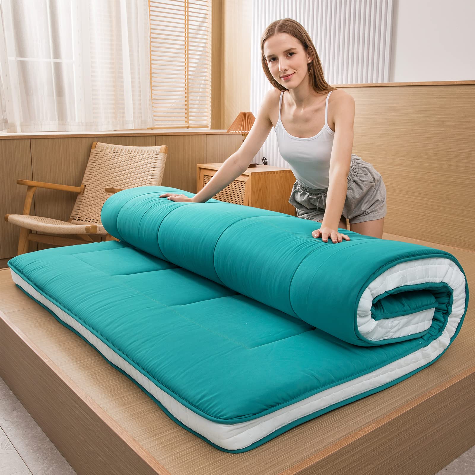 MAXYOYO Extra Thick Japanese Futon Mattress - Queen Size Foldable Floor Sleeping Pad with Quilted Topper | Breathable Guest Bed for Camping, Couch & Home Use | Turquoise Color