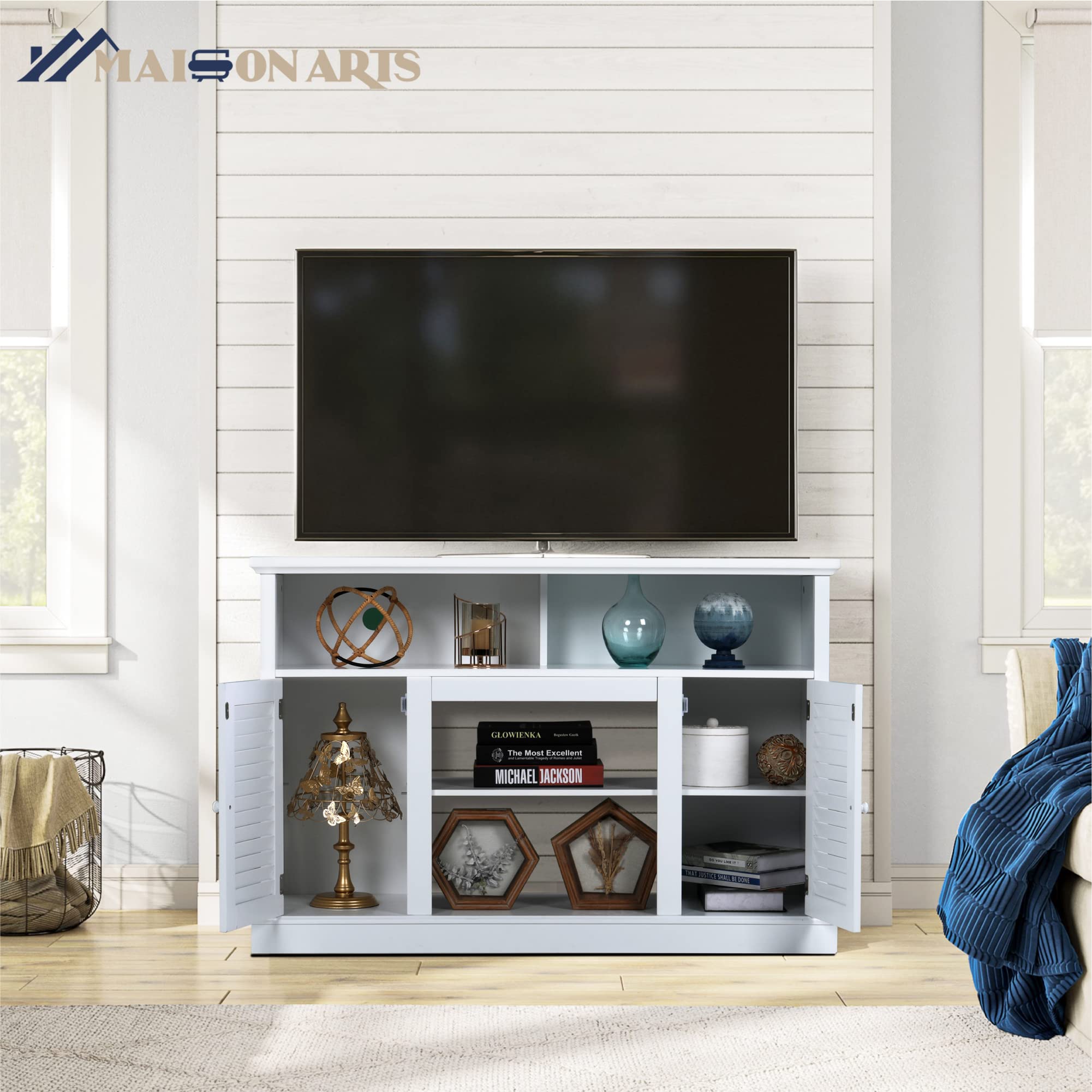 MAISON ARTS Modern TV Stand for 55 Inch TV with Storage, Entertainment Center Media Console Table, Buffet & Sideboard for Living Room, Bedroom, Kitchen - White | Perfect for Home Theater Setup and Living Room Organization