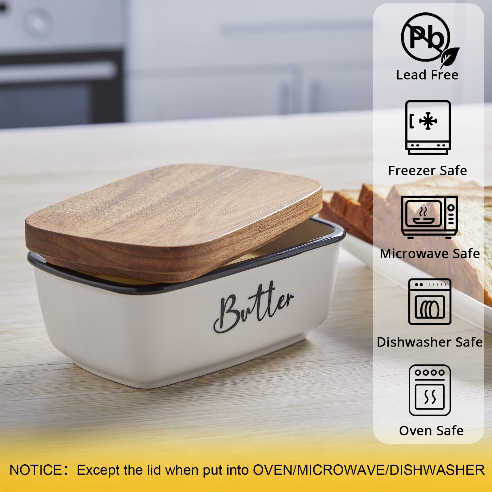 ALELION Large Ceramic Butter Dish with Acacia Wood Lid - Airtight Butter Keeper for Countertop Storage | Elegant White Kitchen Decor | Perfect Housewarming & Wedding Gift for Baking Enthusiasts (Ideal for Restaurants, Breakfast Tables & Holiday Gatherings)