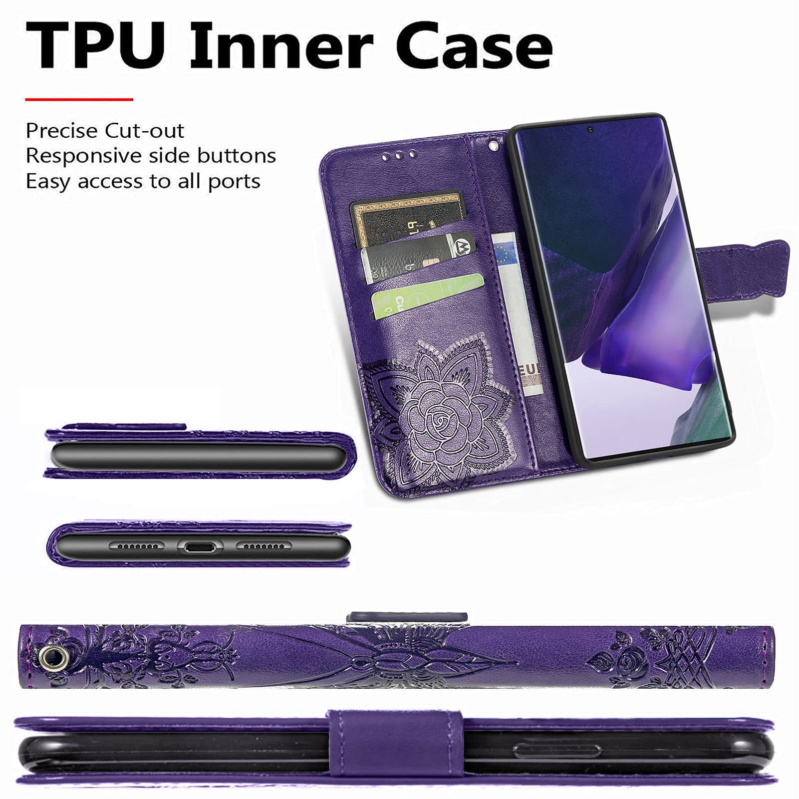 Samsung Galaxy S22 Wallet Case - PU Leather Flip Cover with Card Slots, Wrist Strap & Kickstand | Protective Phone Case with Butterfly Flower Embossed Design (Purple) | Perfect for Daily Use, Travel & Hands-Free Convenience