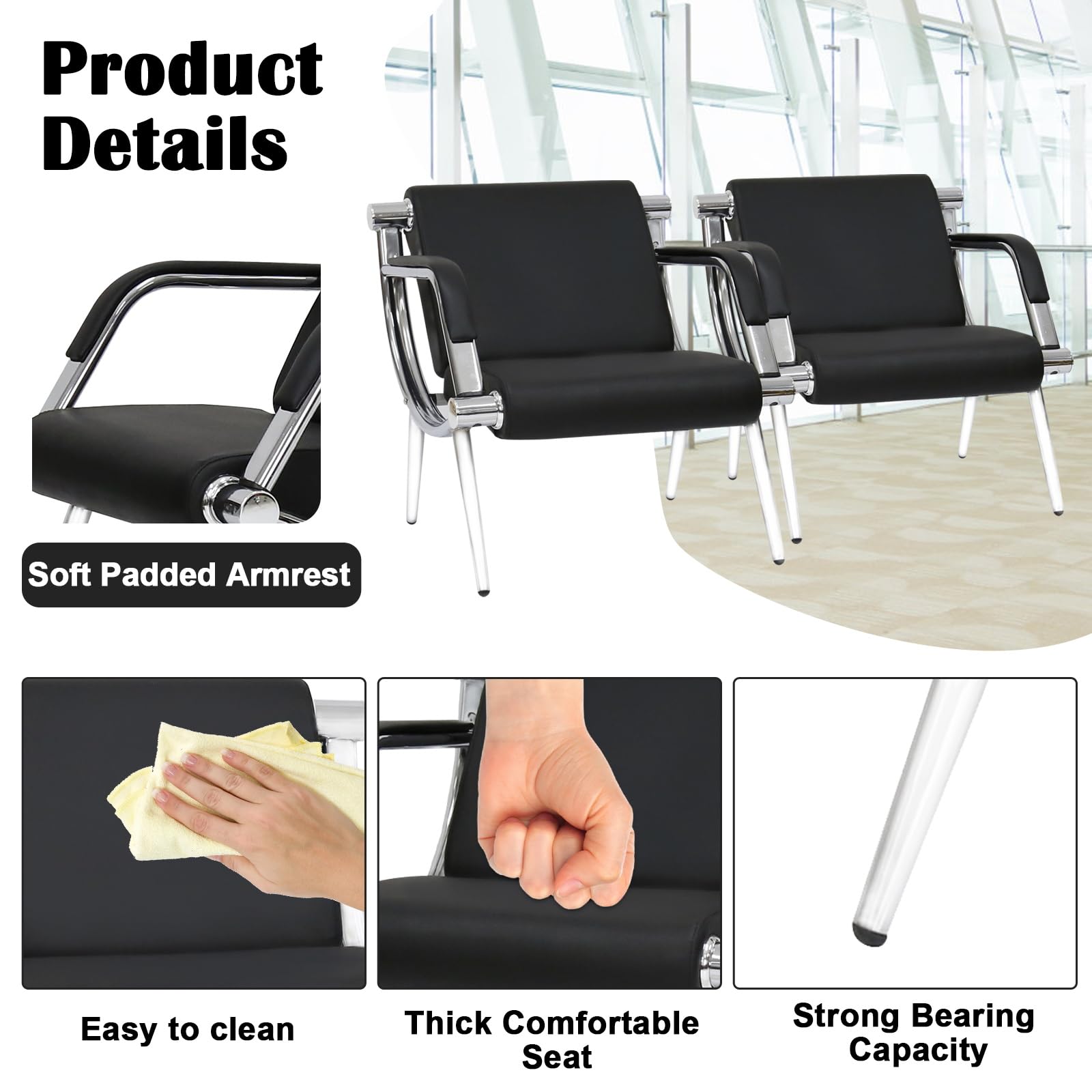 2 PCS Waiting Room Chairs - Black PU Leather Office Reception Guest Chairs for Lobby, Airport, Hotel & Clinic | Comfortable Seating Solution for High Traffic Areas