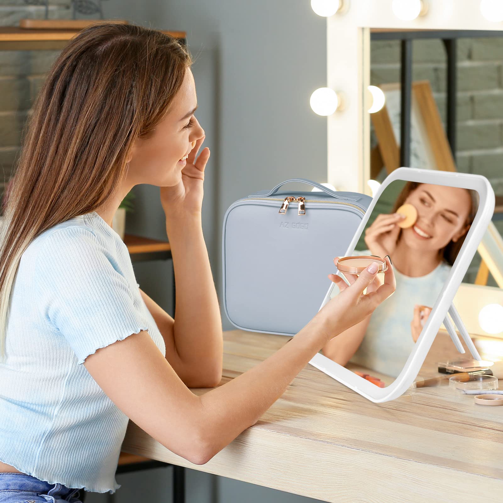 AZ GOGO Travel Makeup Bag with LED Lighted Mirror - 3 Adjustable Brightness Levels, Waterproof Cosmetic Organizer Case (Blue) | Perfect for Travel, Home Vanity & On-the-Go Makeup Touchups