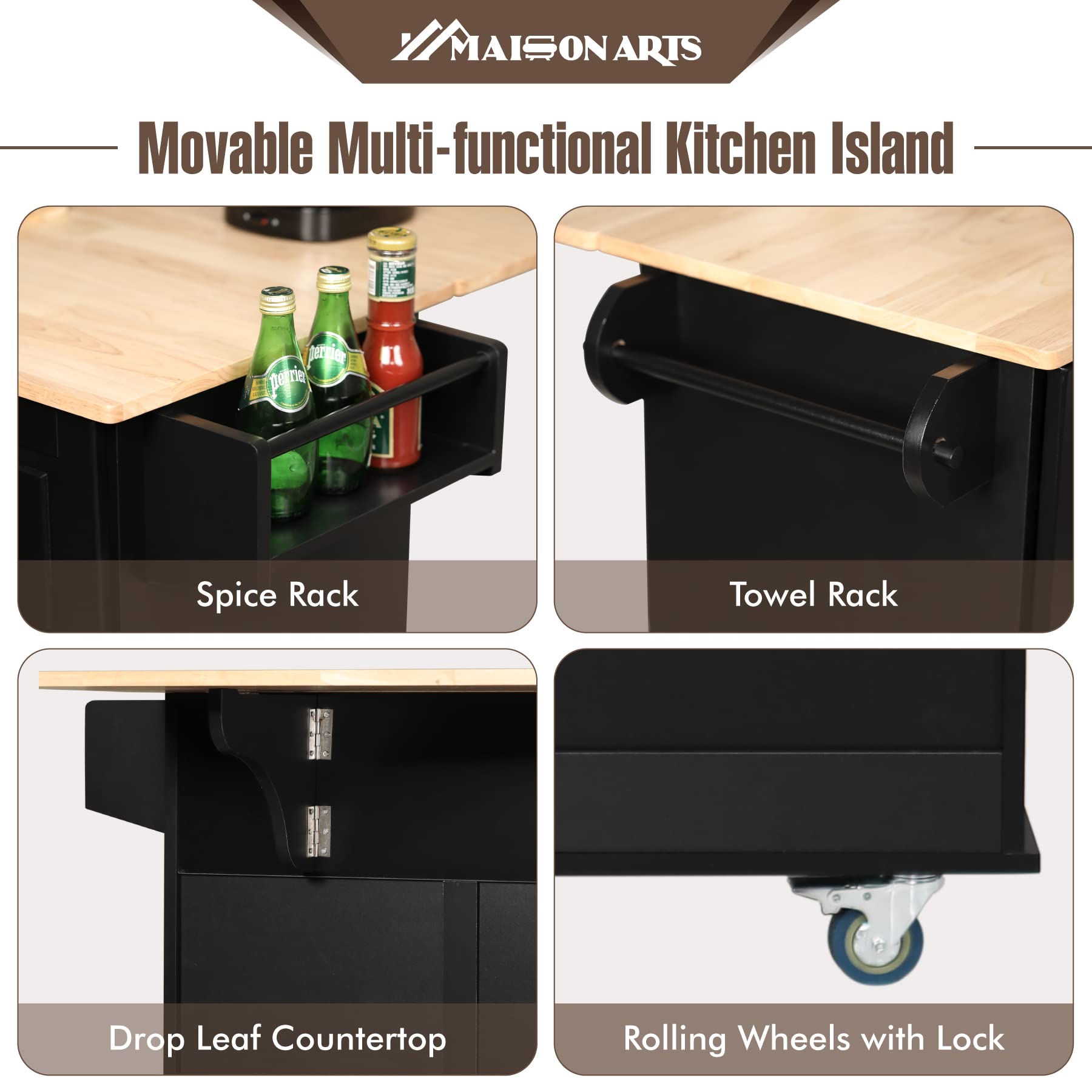 MAISON ARTS Rolling Kitchen Island Cart with Drop Leaf, 3 Drawers, Spice & Towel Rack - Mobile Storage Cabinet with Rubber Wood Countertop for Small Kitchen, Dining Room or Pantry Organization (Black) - Perfect for Extra Prep Space, Entertaining Guests & Compact Kitchen Storage