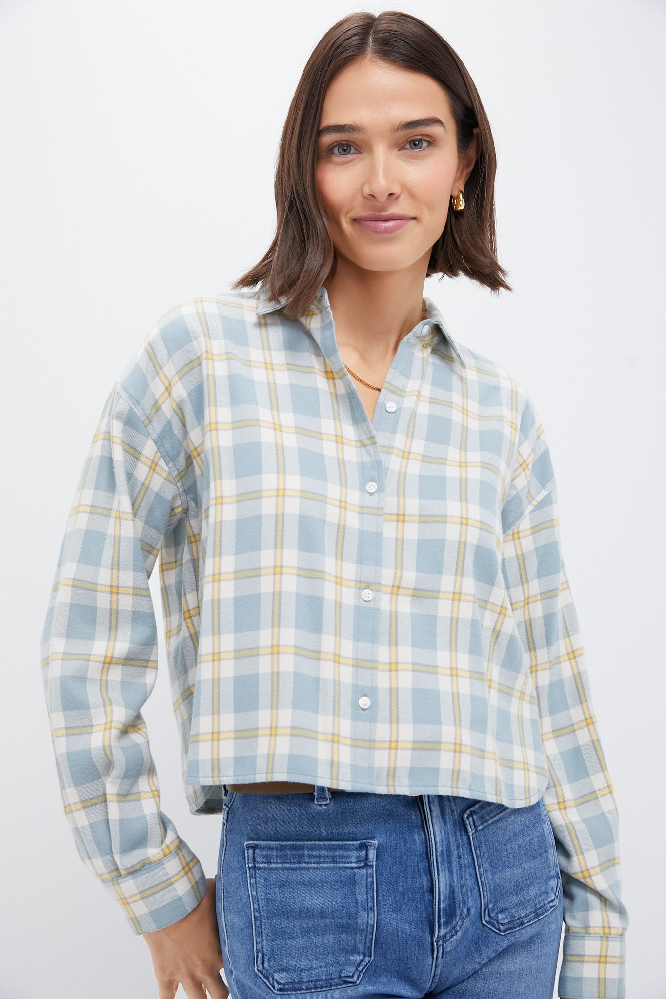 Blue Plaid Flannel Cropped Jasper Button Down Shirt for Women - Soft & Stylish Fall Fashion Top for Casual Outfits, Layering, and Outdoor Adventures