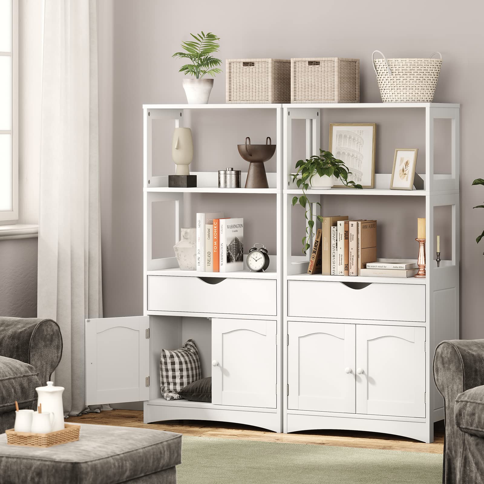 White Sideboard Storage Cabinet with 2 Open Shelves, 1 Drawer & Cupboard - Kitchen Pantry Organizer with Microwave Space, Freestanding Floor Cabinet for Bathroom, Living Room & Bedroom - Perfect for Home Storage, Bookshelf & Display Unit