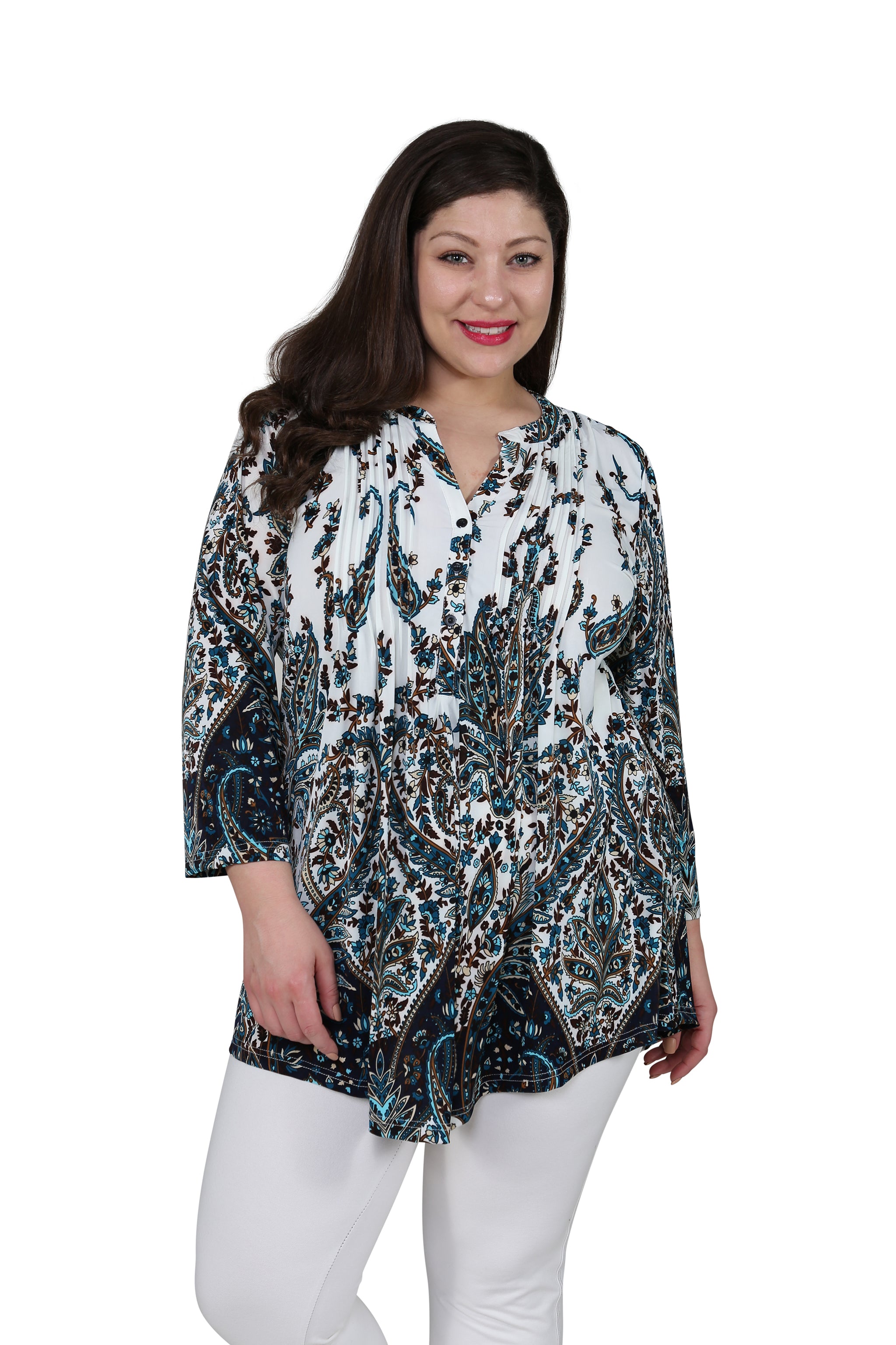 Plus Size La Cera Pleat Front Paisley Tunic Top - Flowy Women's Blouse for Work & Casual Wear | Office Outfits & Weekend Style