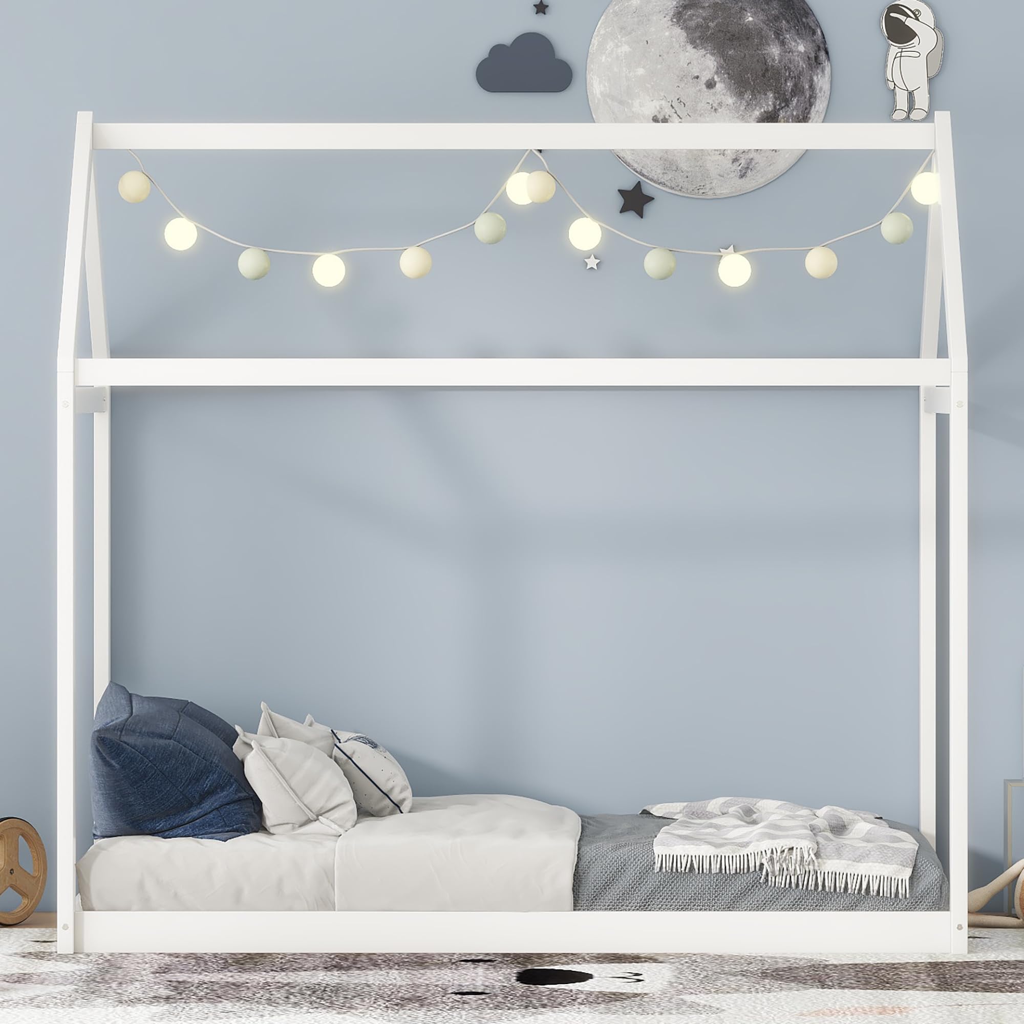 HABITRIO Twin Wood House Bed Frame - Easy Assembly House-Shaped Design for Teens & Kids - Perfect for Bedroom, Living Room, or Dormitory - White Wooden Floor Bed for Cozy Sleep & Play Space