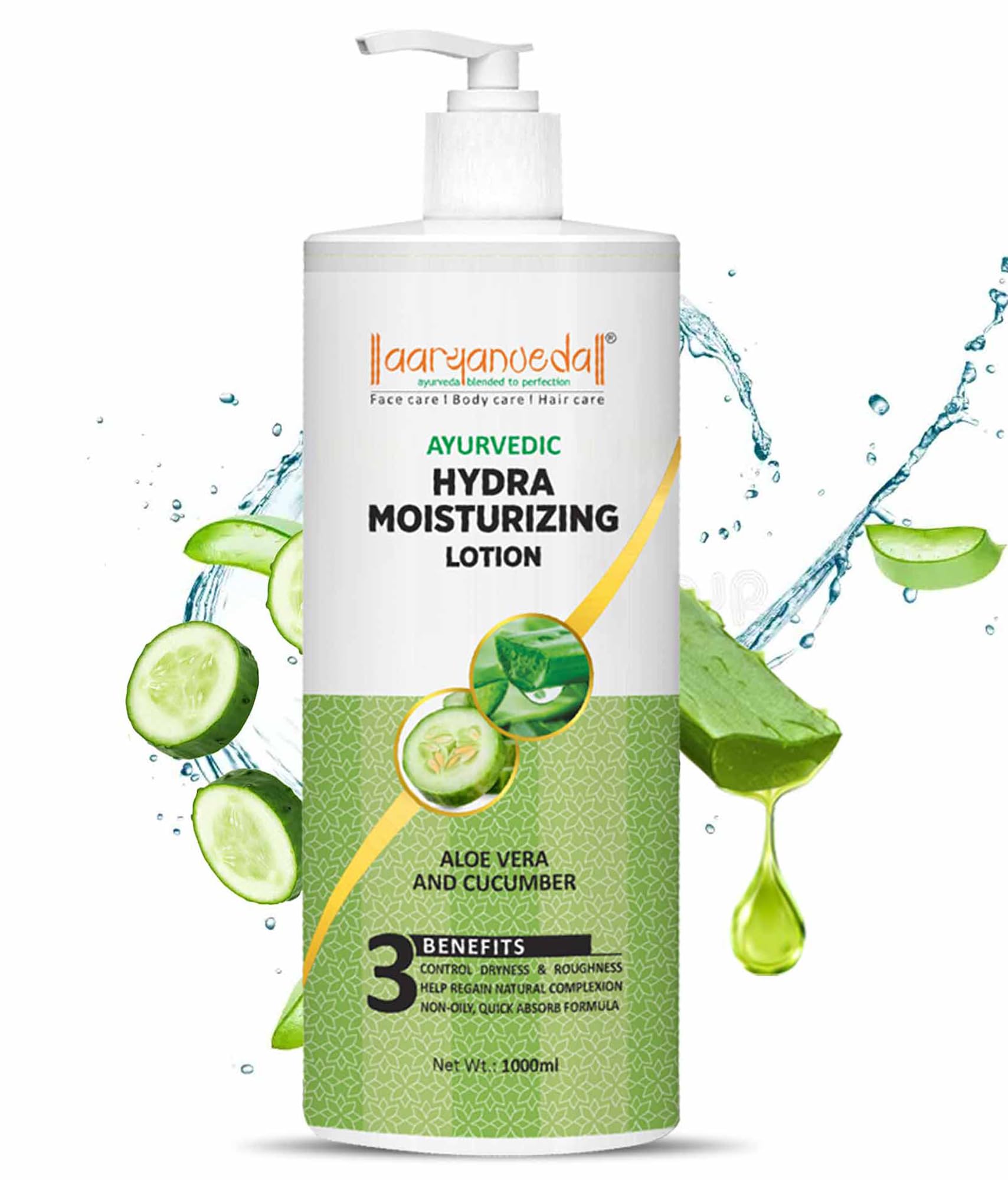 Aryanveda Hydra Moisturizing Body Lotion for Dry Skin - Aloe Vera & Cucumber Extract - 33.8oz (1000ml) for Men & Women | Hydrating Daily Skincare for All Seasons