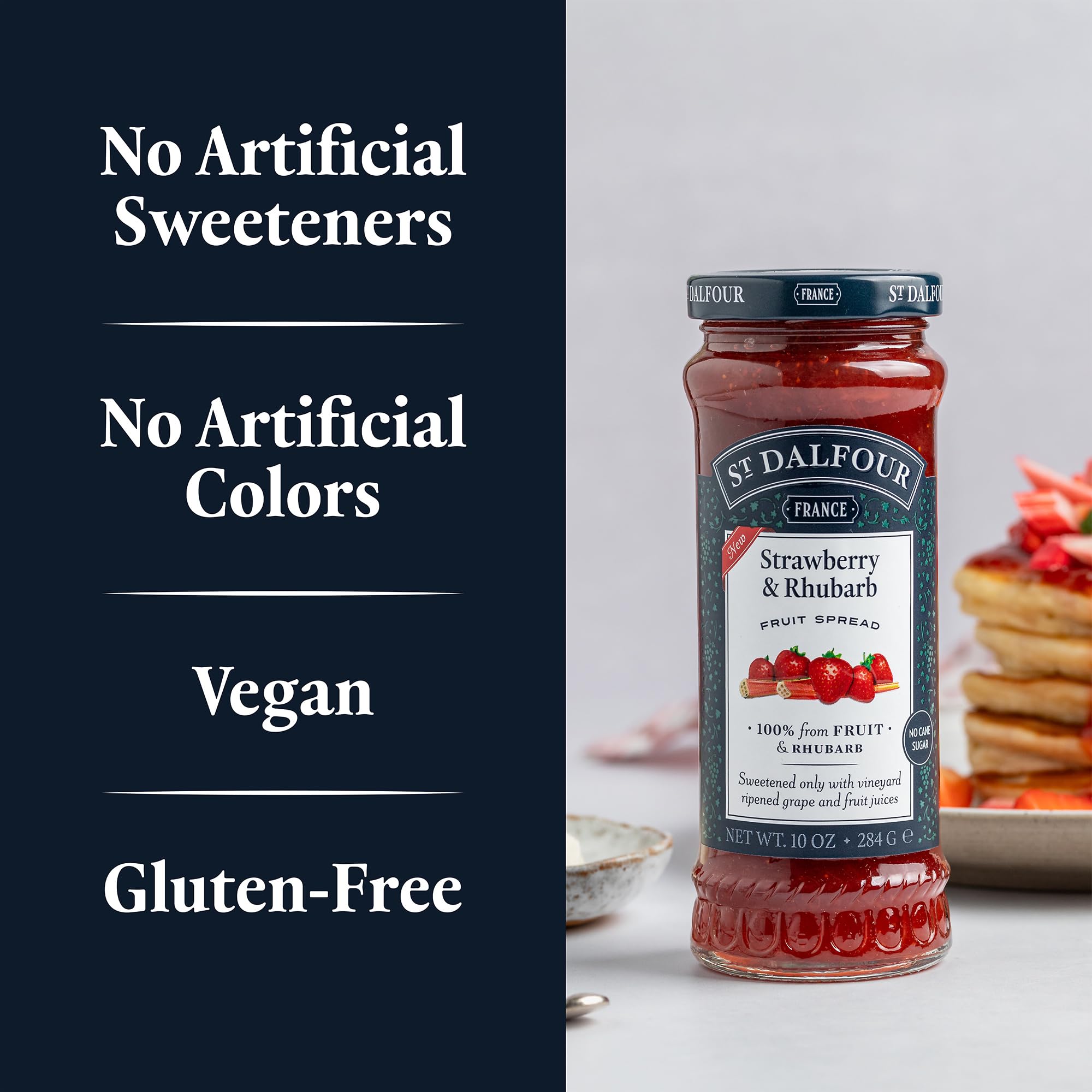 St. Dalfour Strawberry & Rhubarb Fruit Spread - 10oz - 100% Natural Fruit Preserves, No Artificial Ingredients, Non-GMO, No Added Sugar - Perfect for Toast, Yogurt & Desserts