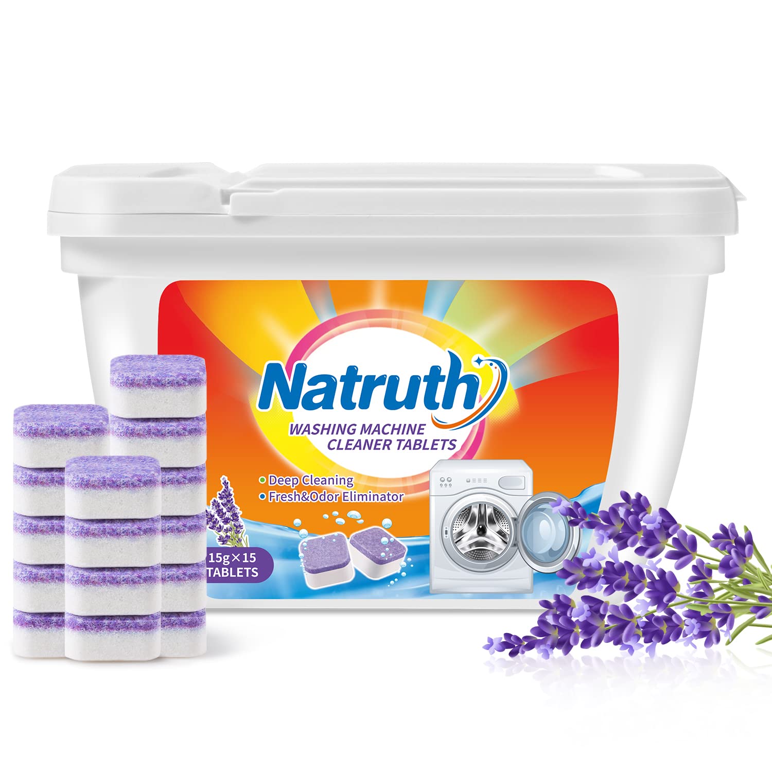 NATRUTH Washing Machine Cleaner Effervescent Tablets (15 Count) - Deep Cleaning Lavender Scented Tablets for Front & Top Load Washers | Removes Odor, Mold & Residue | Natural Formula for Fresh & Hygienic Laundry | Perfect for Monthly Washer Maintenance & Deep Cleaning
