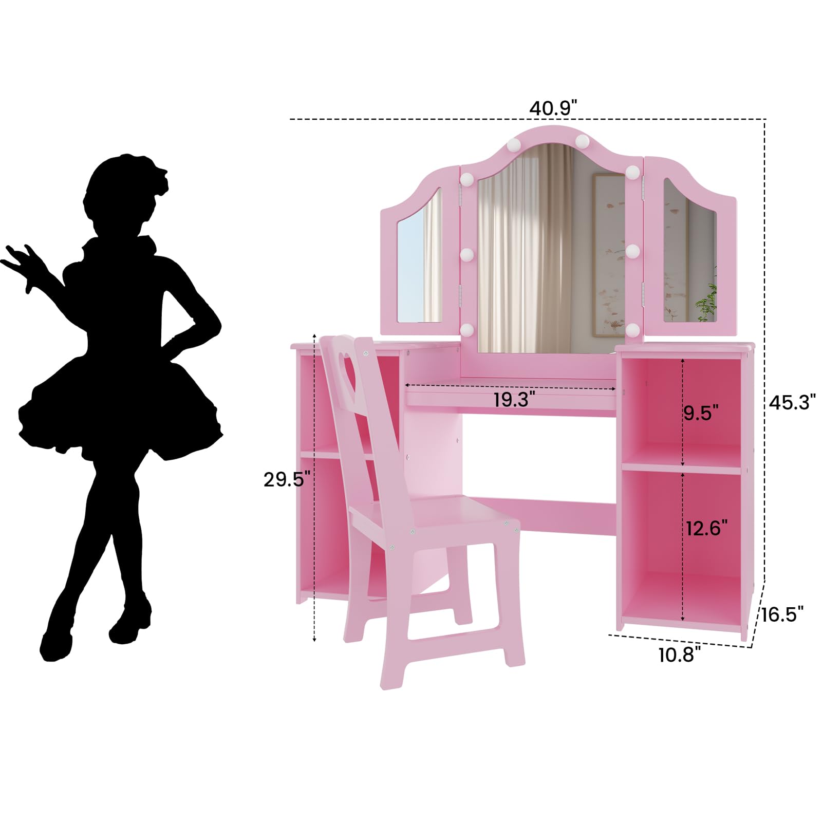 Princess Makeup Vanity Table Set for Girls - Wooden Dressing Table with Touch Light, Detachable Tri-Folding Mirror & Open Storage Shelves - Pretend Play Kids Vanity Desk & Chair for Toddlers - Perfect for Bedroom Decor, Birthday Gifts & Role Play Activities