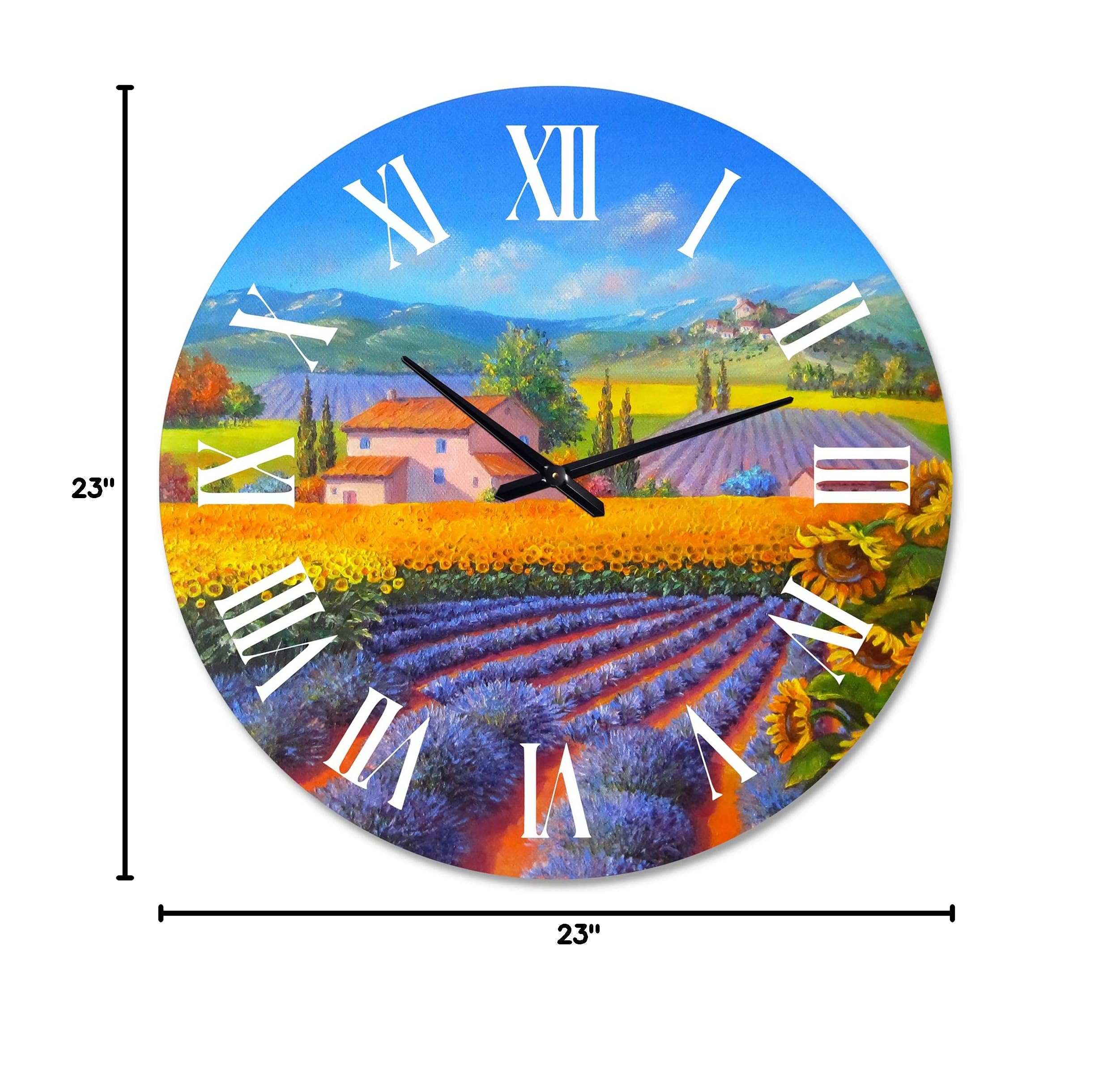 Lavender and Sunflower Fields Wall Clock - Large Traditional Landscape Wall Clock for Home, Office & Kitchen Decor | Perfect for Living Room, Bedroom & Workspace