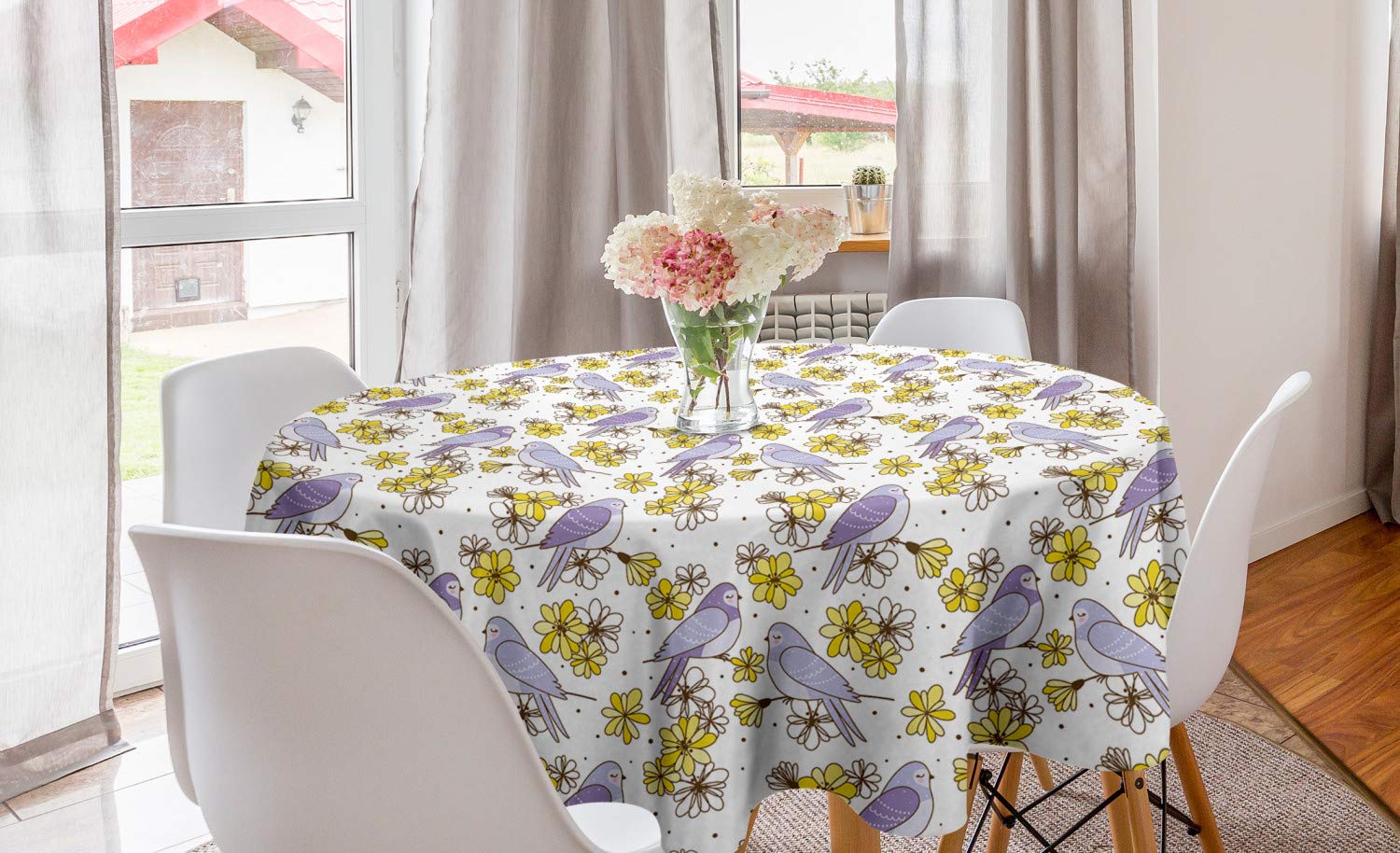 Ambesonne Floral Swallow Birds Round Tablecloth - 60 Inch Spring Themed Dining Table Cover for Kitchen & Home Decor in Mauve Brown Mustard | Perfect for Easter, Mother's Day & Seasonal Celebrations