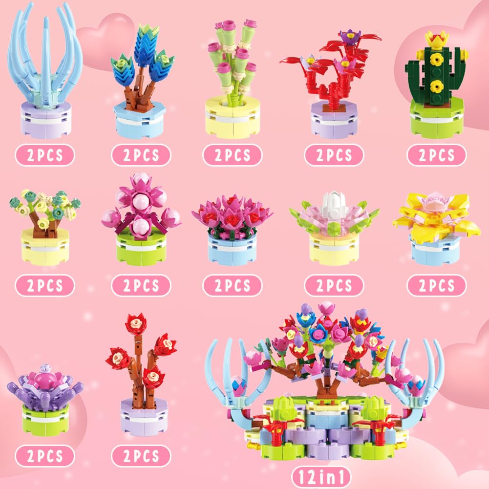 WODMAZ 24 Packs Succulents Building Blocks - Creative Flower Toys for Kids, Easter Gifts, Classroom Exchange & Easter Basket Stuffers - Perfect for Easter Egg Hunts, STEM Learning & Home Decor