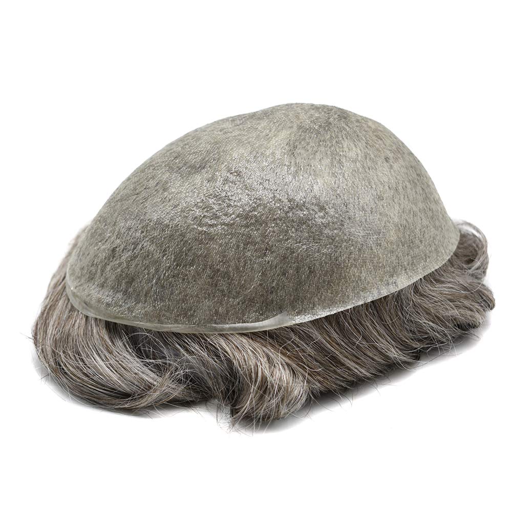 Premium Men's Toupee - 100% Human Hair & Ultra Thin Skin Base - Natural Hair Replacement System for Men (1B80# Off Black & 80% Synthetic Grey) - Light to Medium Density 8
