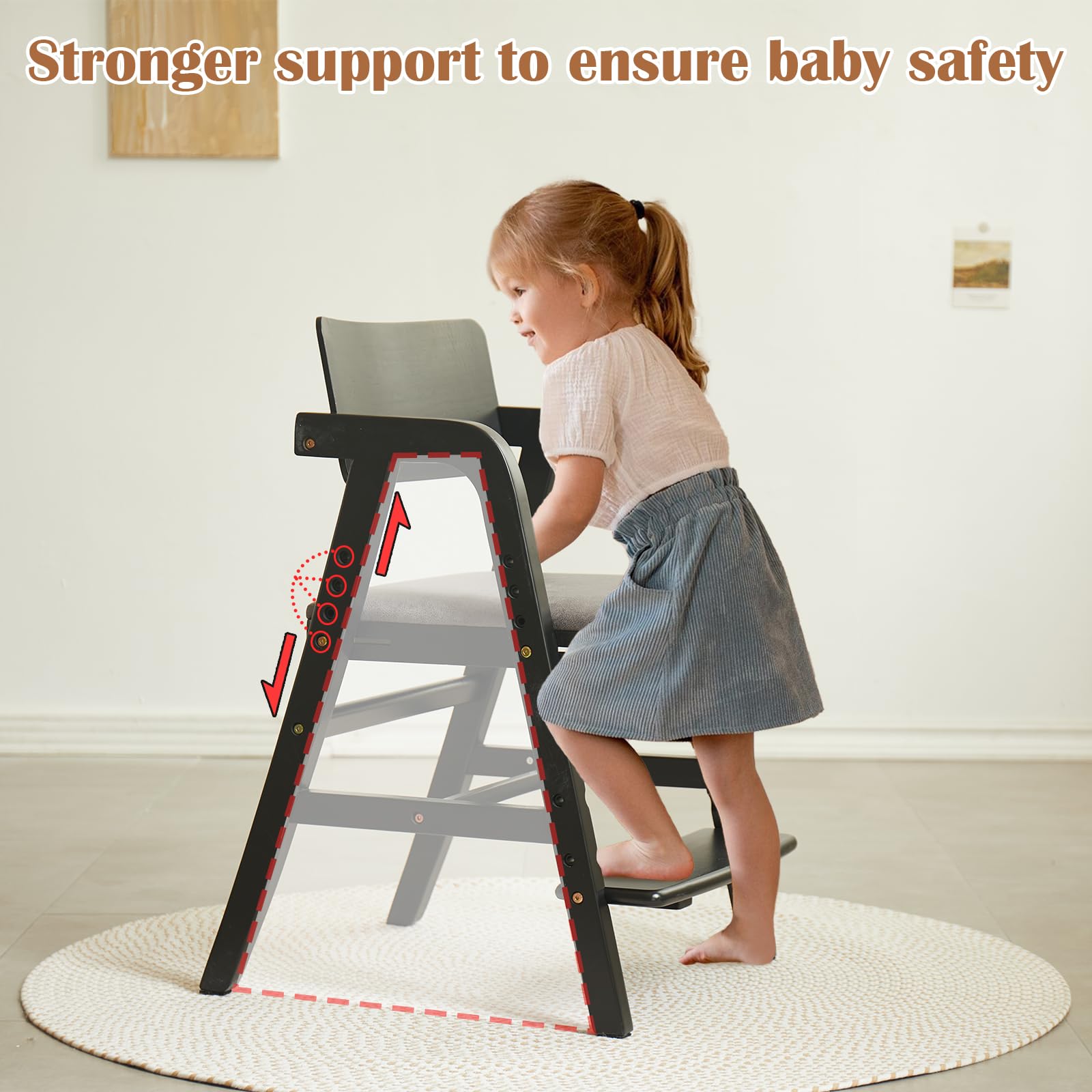 **Solid Wood Toddler High Chair - Adjustable Height Baby Dining & Study Chair for Kids - Perfect for Mealtime, Learning & Play at Home**