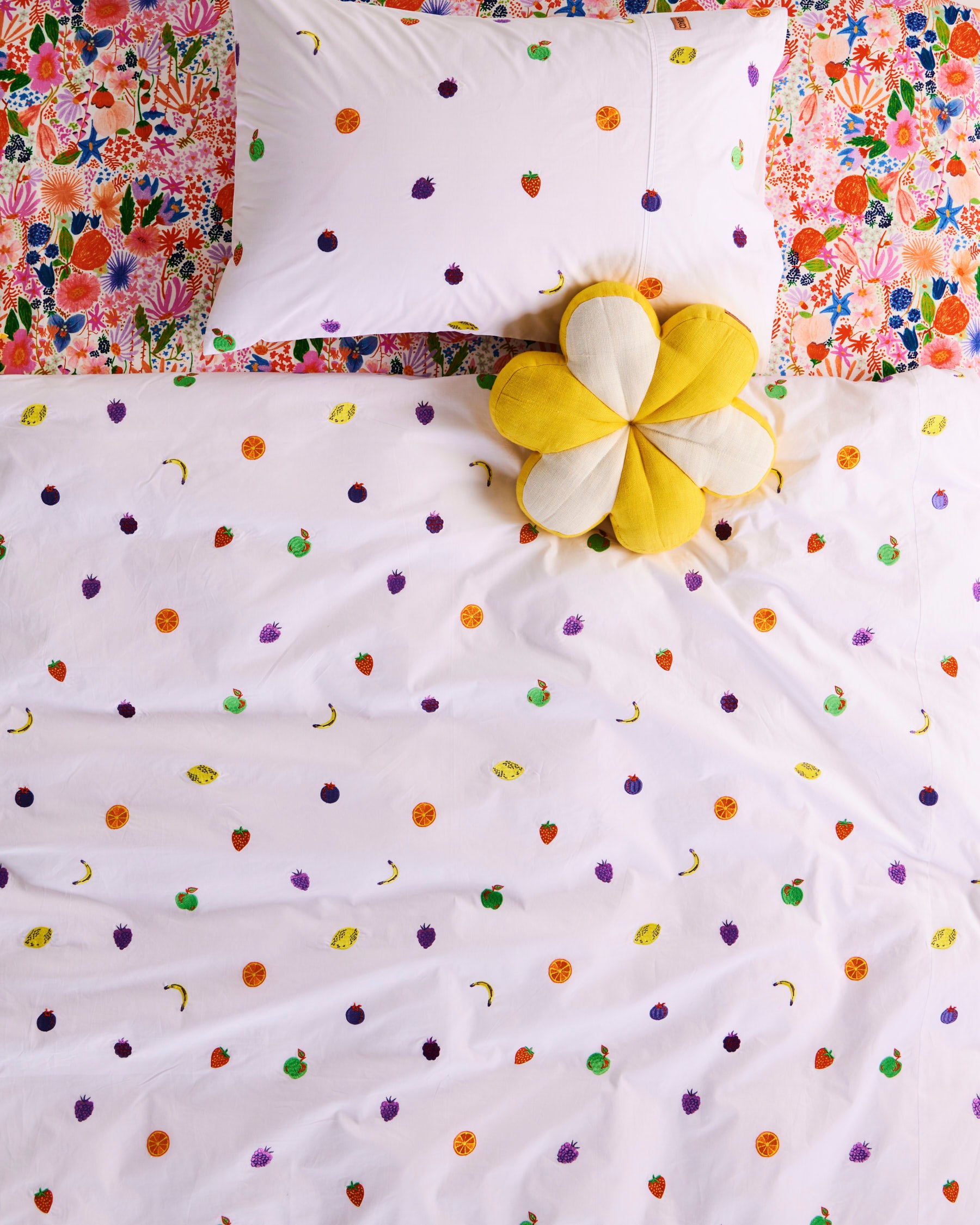 Premium Embroidered Cotton Pillowcase with Fruit Salad Design - Soft & Breathable Bedding for Home Decor, Gift, or Dorm Room