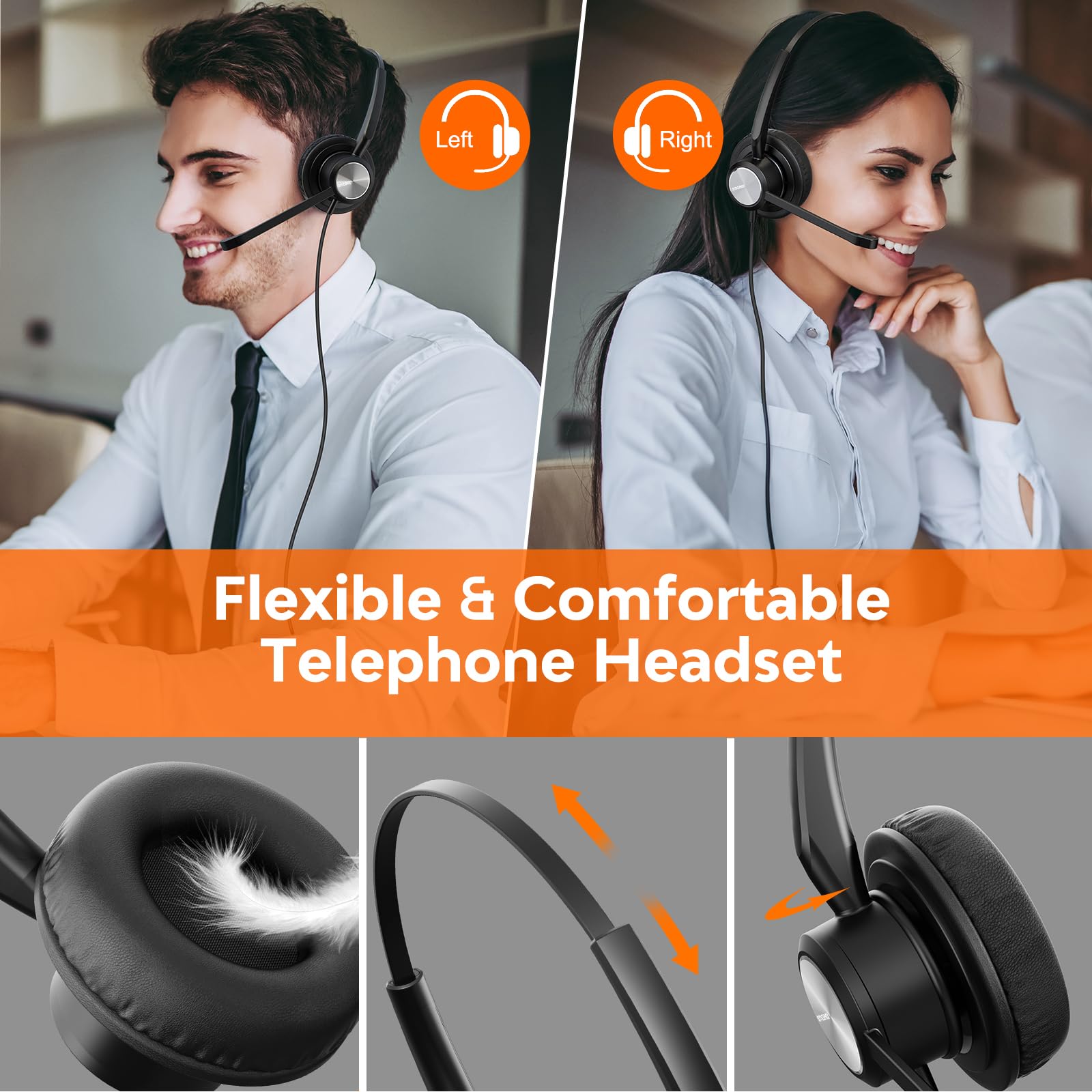 Noise Canceling Office Phone Headset with RJ9 QD Cable - Single Ear Wired Headset Compatible with HTek, Fanvil, Snom, Grandstream, Yealink T21P/T22P/T26P/T28P/T23G/T29G/T41S/T42S/T46S - Ideal for Call Centers, Remote Work & Business Communications