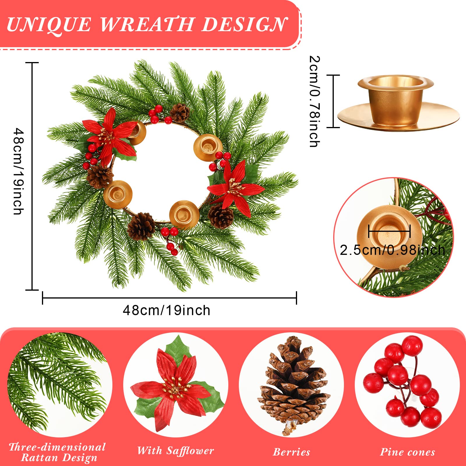 5-Piece 19-Inch Christmas Advent Wreath Candle Holder Set with 4 Taper Candles - Traditional Holiday Centerpiece Decor for Home, Church, and Table Settings During Christmas Season
