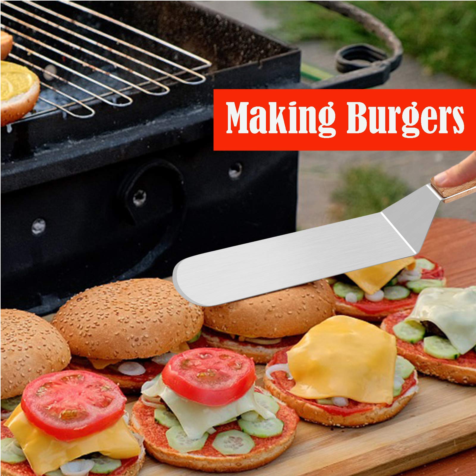 Premium Stainless Steel Spatula Set with Wooden Handle - Heavy Duty BBQ & Griddle Tools for Pancakes, Burgers, Teppanyaki - Indoor & Outdoor Cooking Essentials for Grilling, Camping, Backyard BBQs