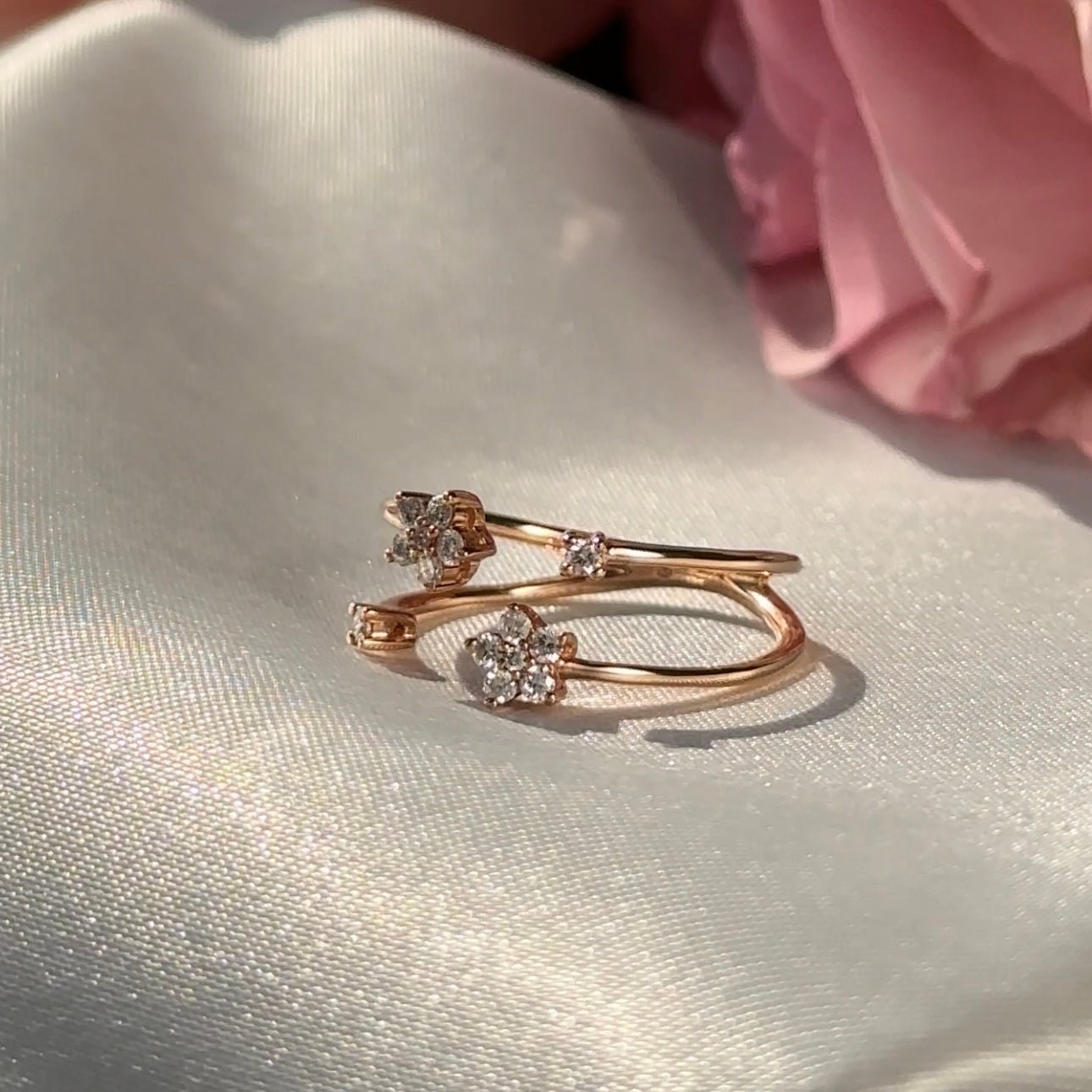 14k Rose Gold Floating Diamond Flower Wrap Ring - Elegant Stackable Band for Women, Perfect for Weddings, Anniversaries & Everyday Wear