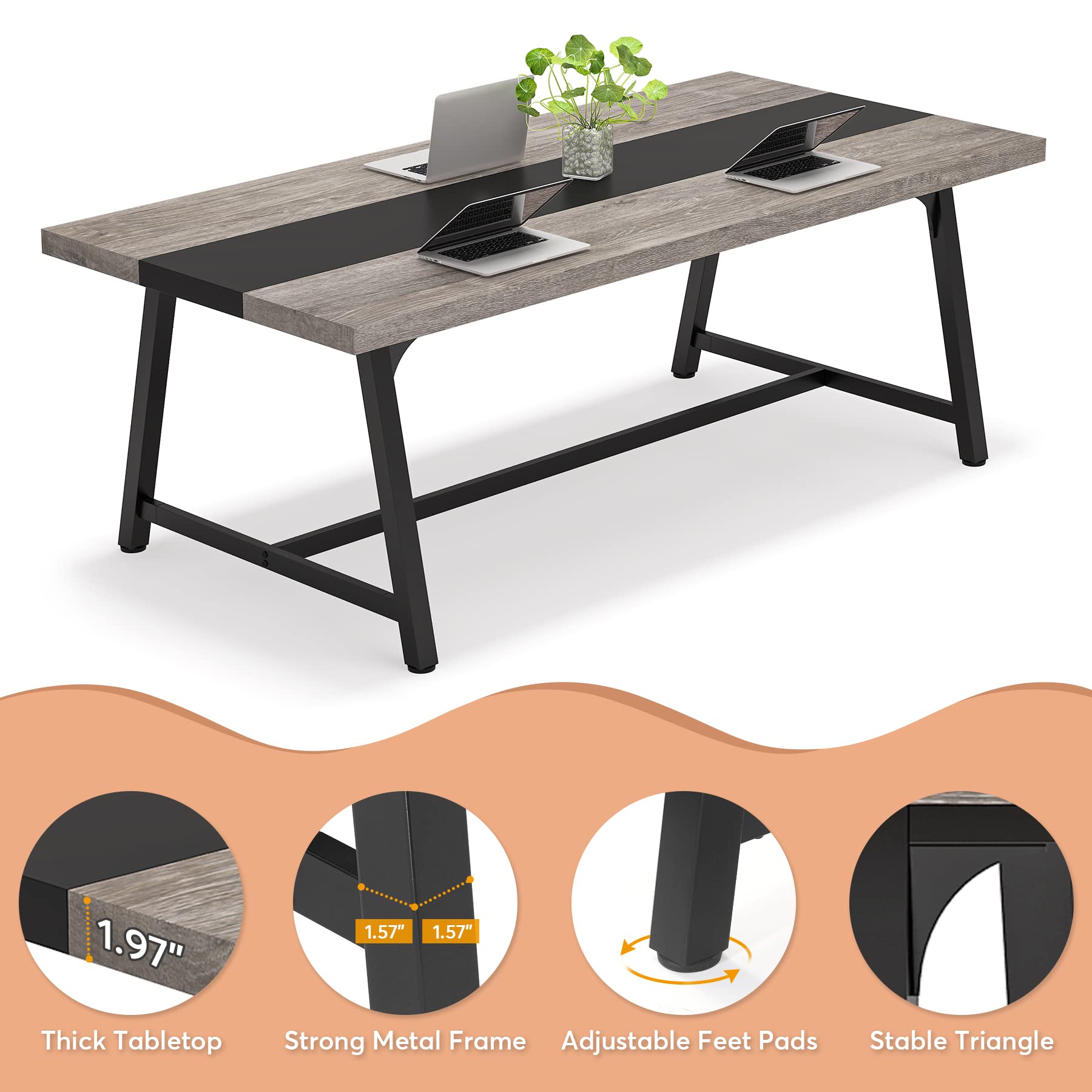 Tribesigns 70.87-inch Rectangular Dining Table for 8 People - Solid Wood Kitchen Table with Sturdy Metal Frame, Industrial Style Large Dining Room Table for Big Families (Gray, No Chair Included) - Perfect for Family Gatherings, Dinner Parties & Open Concept Living Spaces